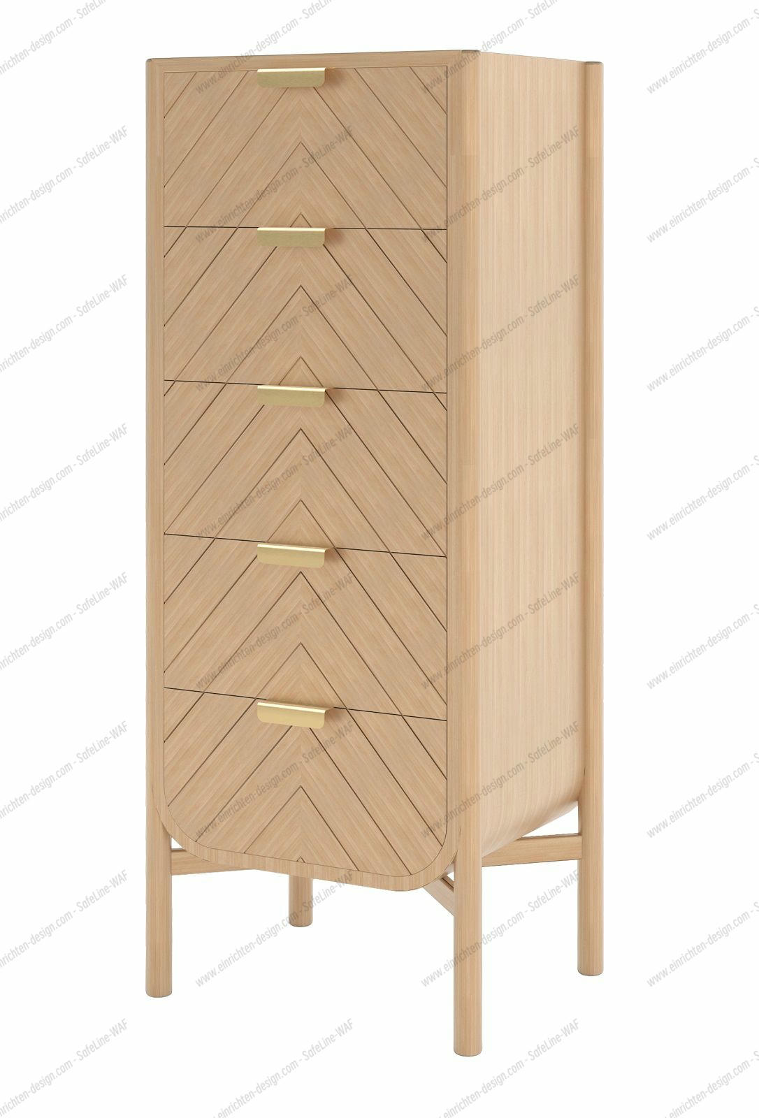 Hartô Marius Chiffonier Kommode aus hellem Holz mit fünf Schubladen und goldenen Griffen.