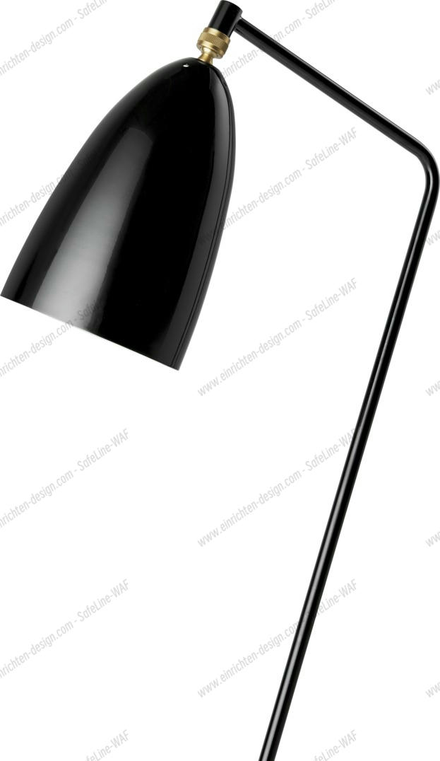 Detailaufnahme der Gräshoppa Stehleuchte von Gubi, schwarz glänzend, modernes Design, Innenbeleuchtung.