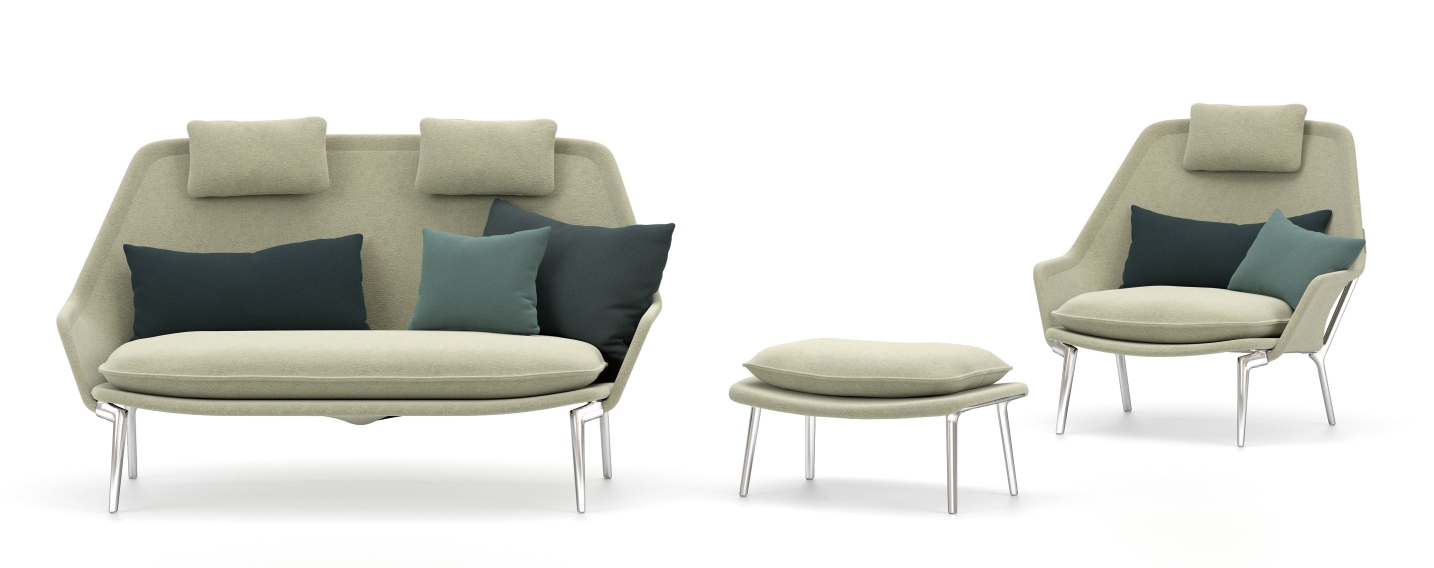Vitra Slow Chair und Ottoman Sessel aus Stoff in Beige mit Kissen, modernes Design.