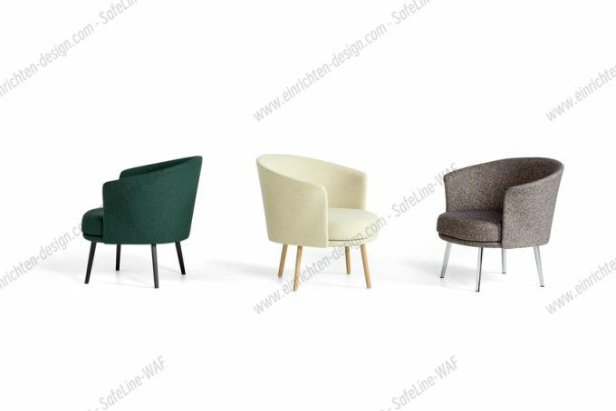 Drei Dorso Loungesessel von Hay in Grün, Beige und Braun mit unterschiedlichen Gestellen.