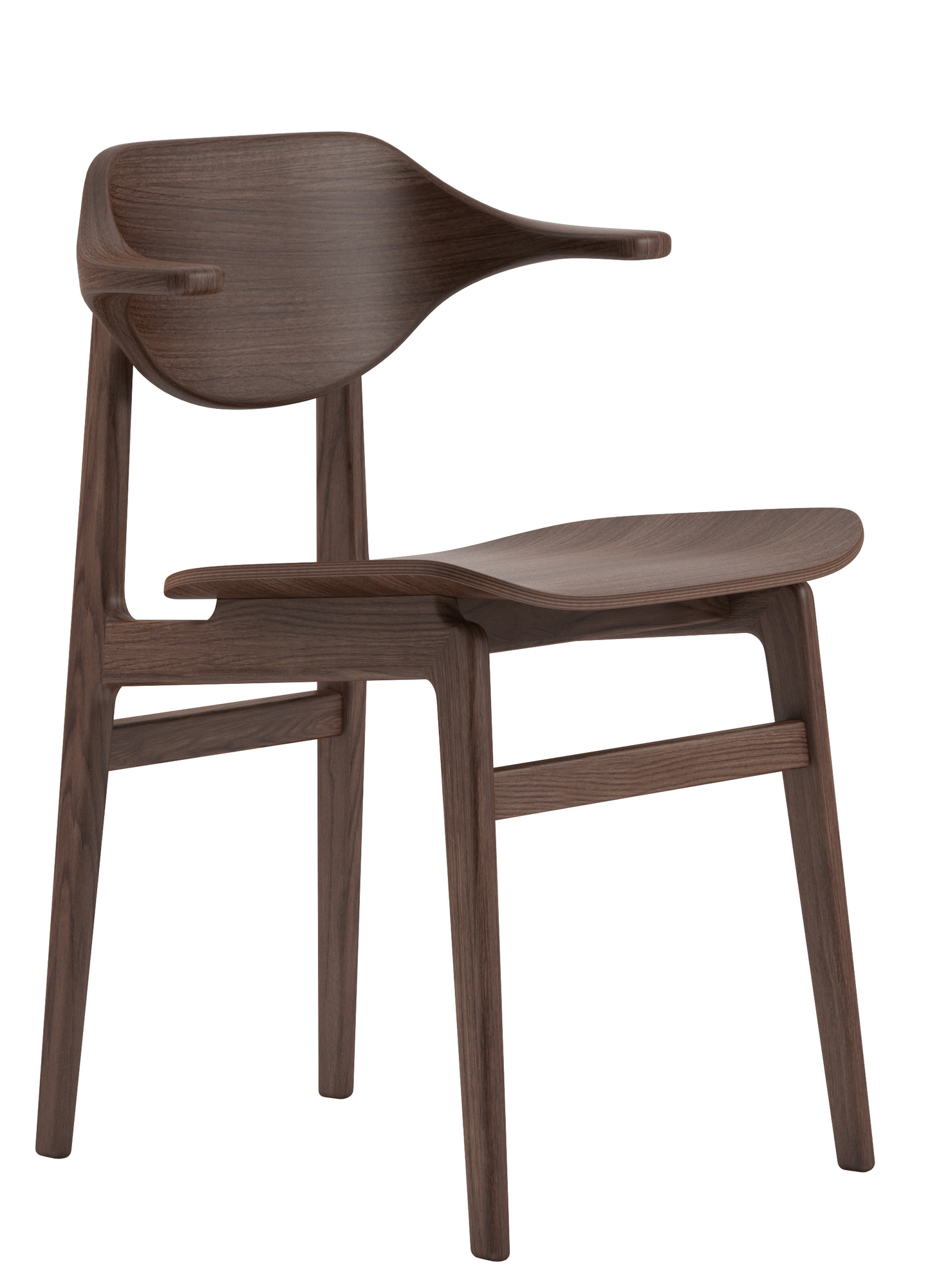 Bufala Dining Chair: Dunkel gebeizter Holzstuhl von Norr11 mit Armlehnen, ideal für Esszimmer.