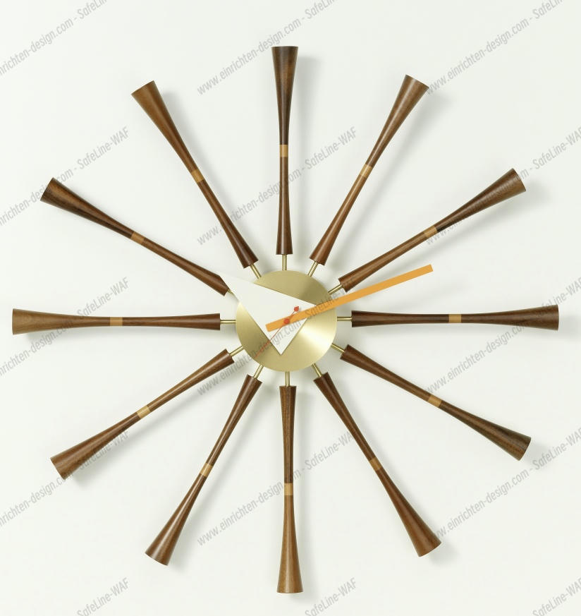 Vitra Spindle Clock Wanduhr aus Holz und Messing, modernes Design für Wohnzimmer.
