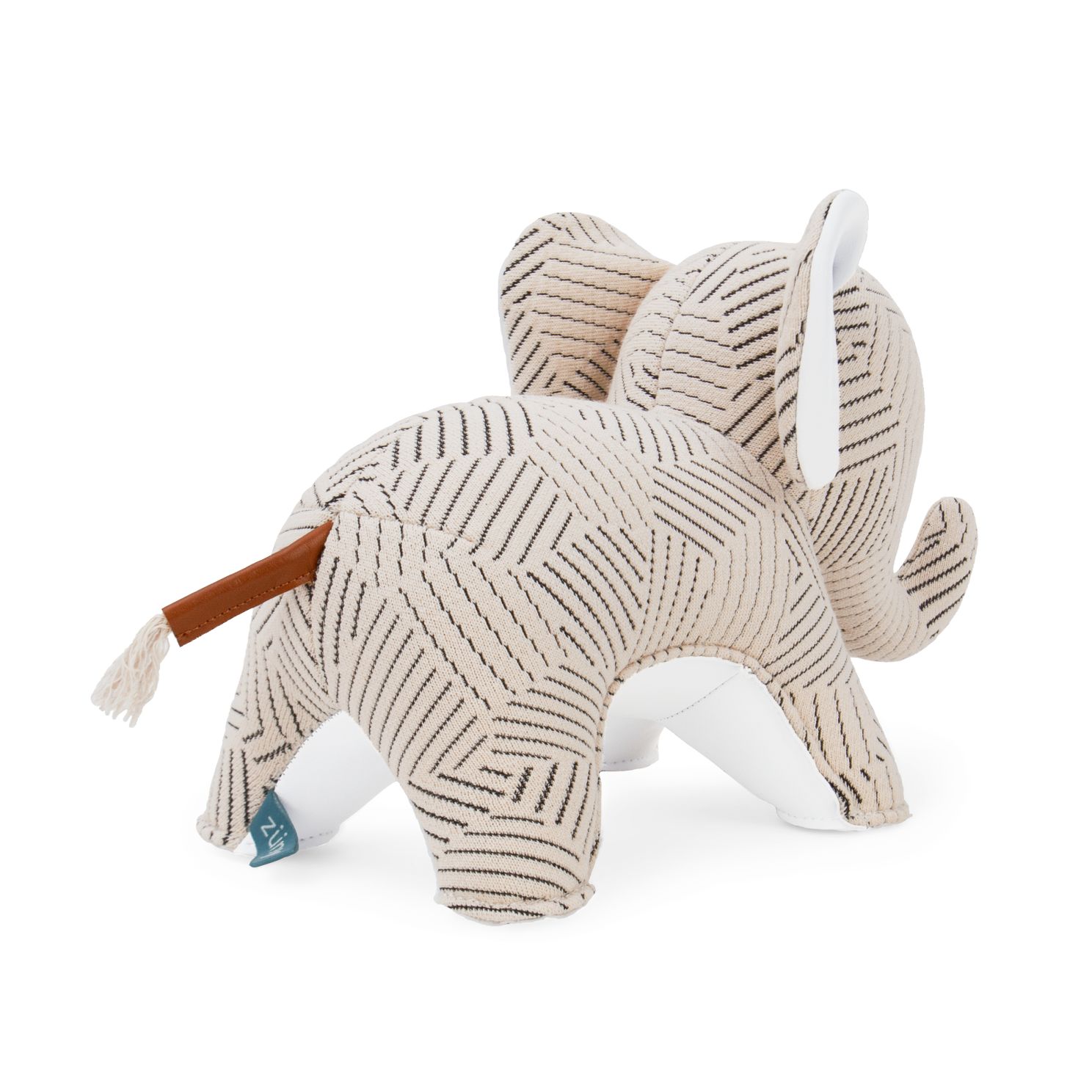Weiße Elefant Buchstütze Abby Razzle Dazzle von Züny x KVADRAT mit geometrischem Muster und Lederelementen.