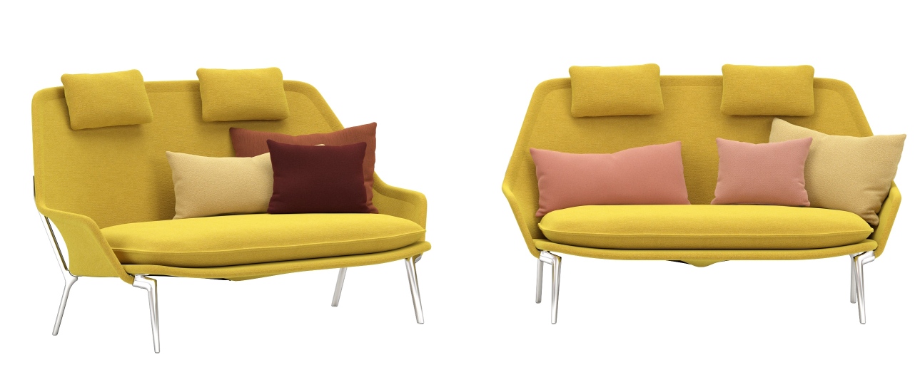 Vitra Slow Sofa aus Stoff in Gelb, mit Kissen in verschiedenen Farben und Metallfüßen.