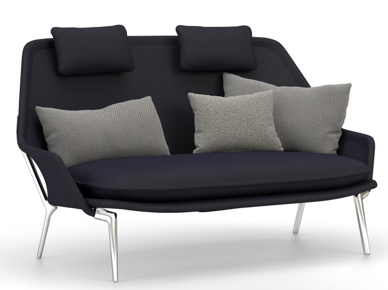 Vitra Slow Sofa aus Stoff in Dunkelblau mit grauen Kissen und Kopfstützen.