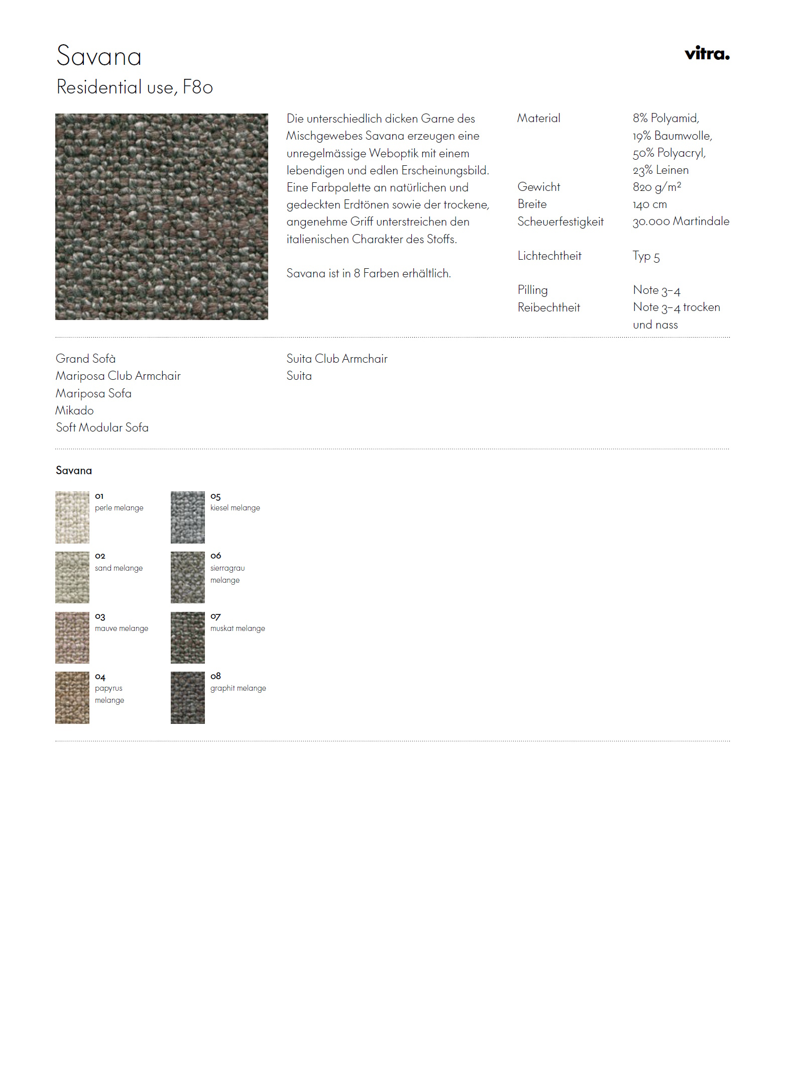 Fabric sample card Savana Vitra   