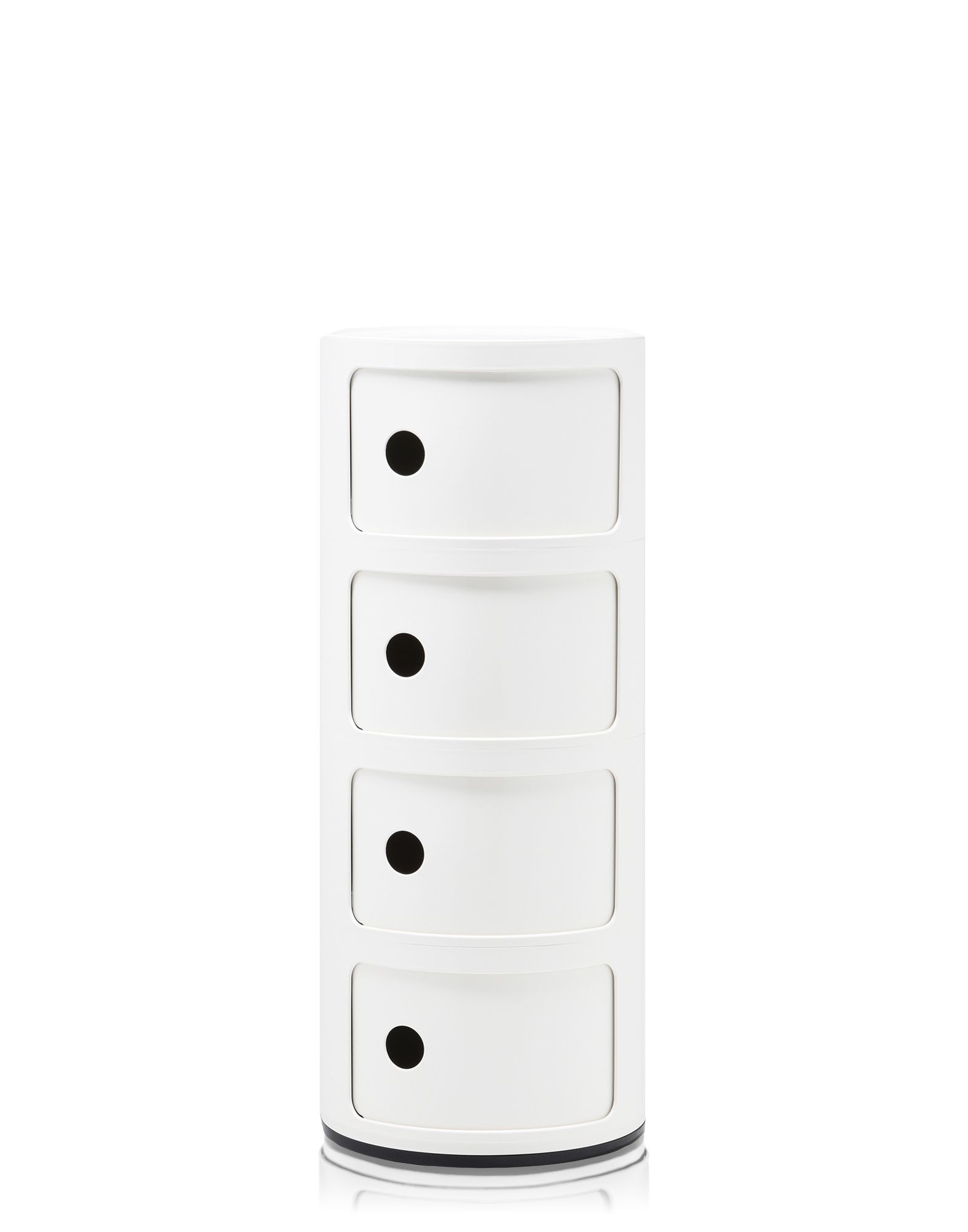 Weißes Componibili 4-er Element von Kartell, ein runder Aufbewahrungsturm mit vier Schubladen und schwarzen Griffen.
