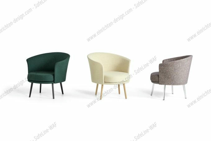Drei Olavi Loungesessel von Hay in Grün, Beige und Grau mit unterschiedlichen Beinen.