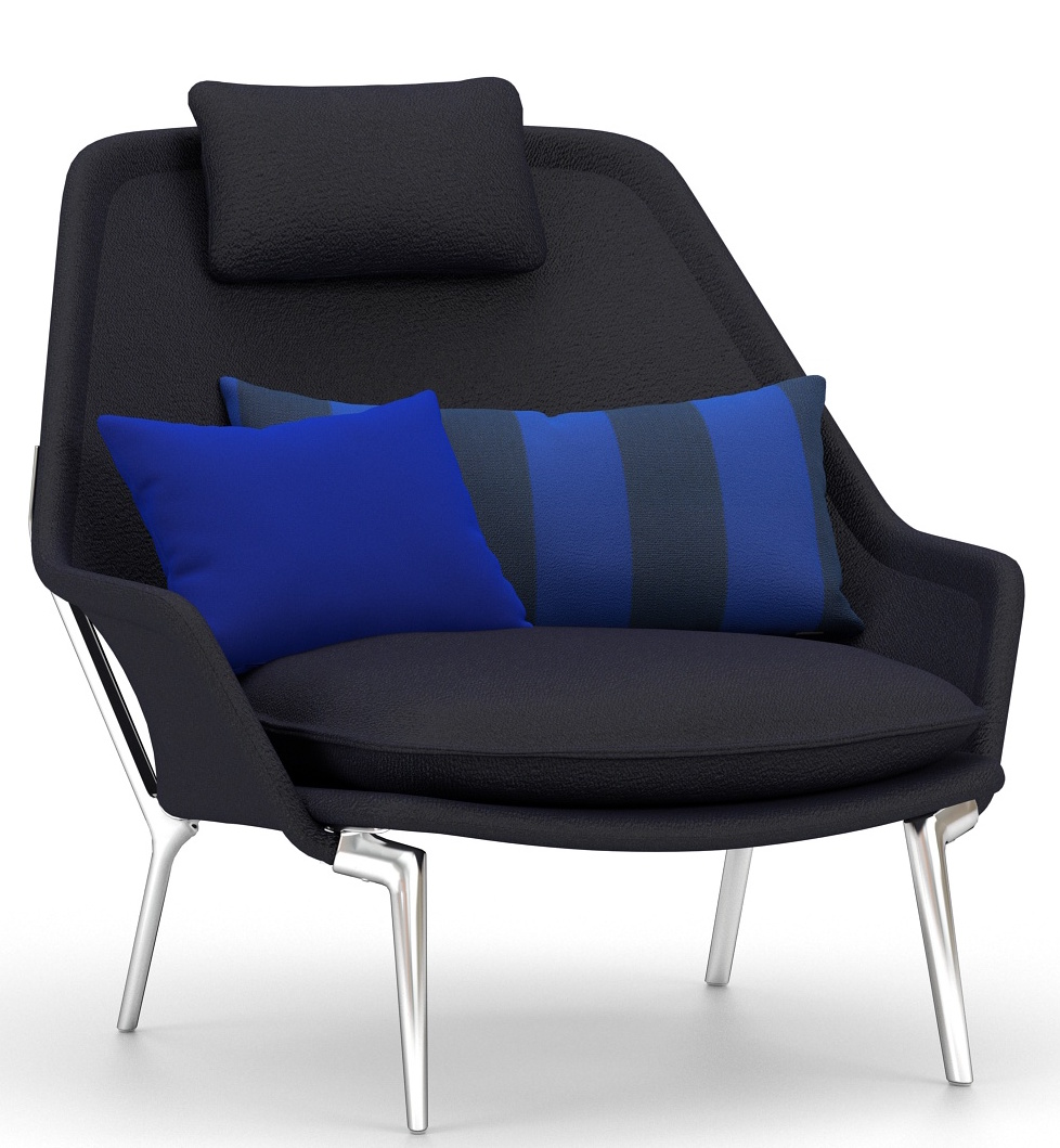 Vitra Slow Chair Sessel mit schwarzem Stoffbezug und blauen Kissen auf silbernen Füßen.