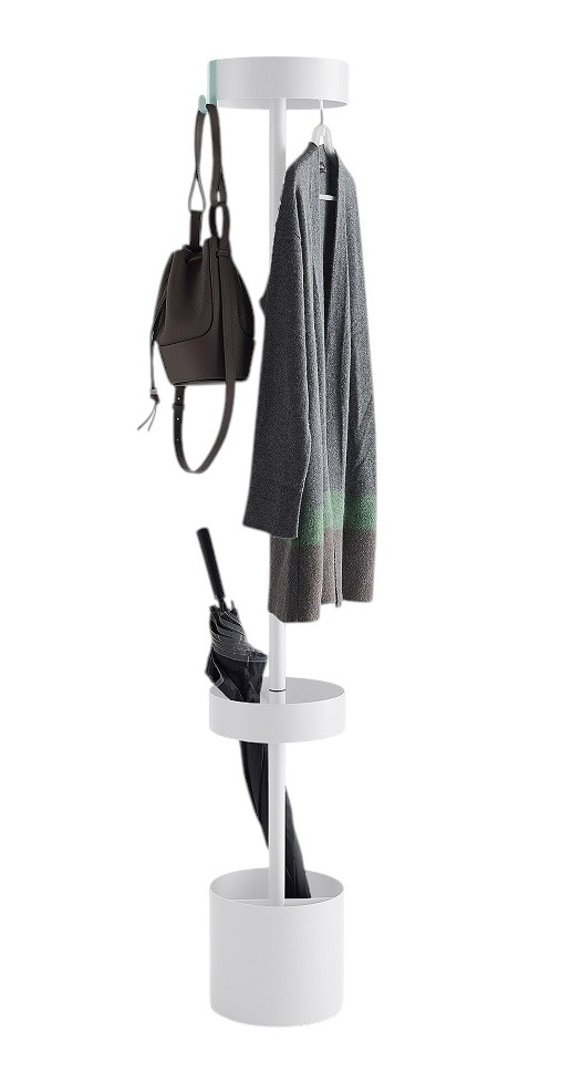 Oolo Garderobenständer Mox, weiße Design-Garderobe mit Tasche, Mantel und Regenschirm, moderne Flurmöbel für Ordnung.