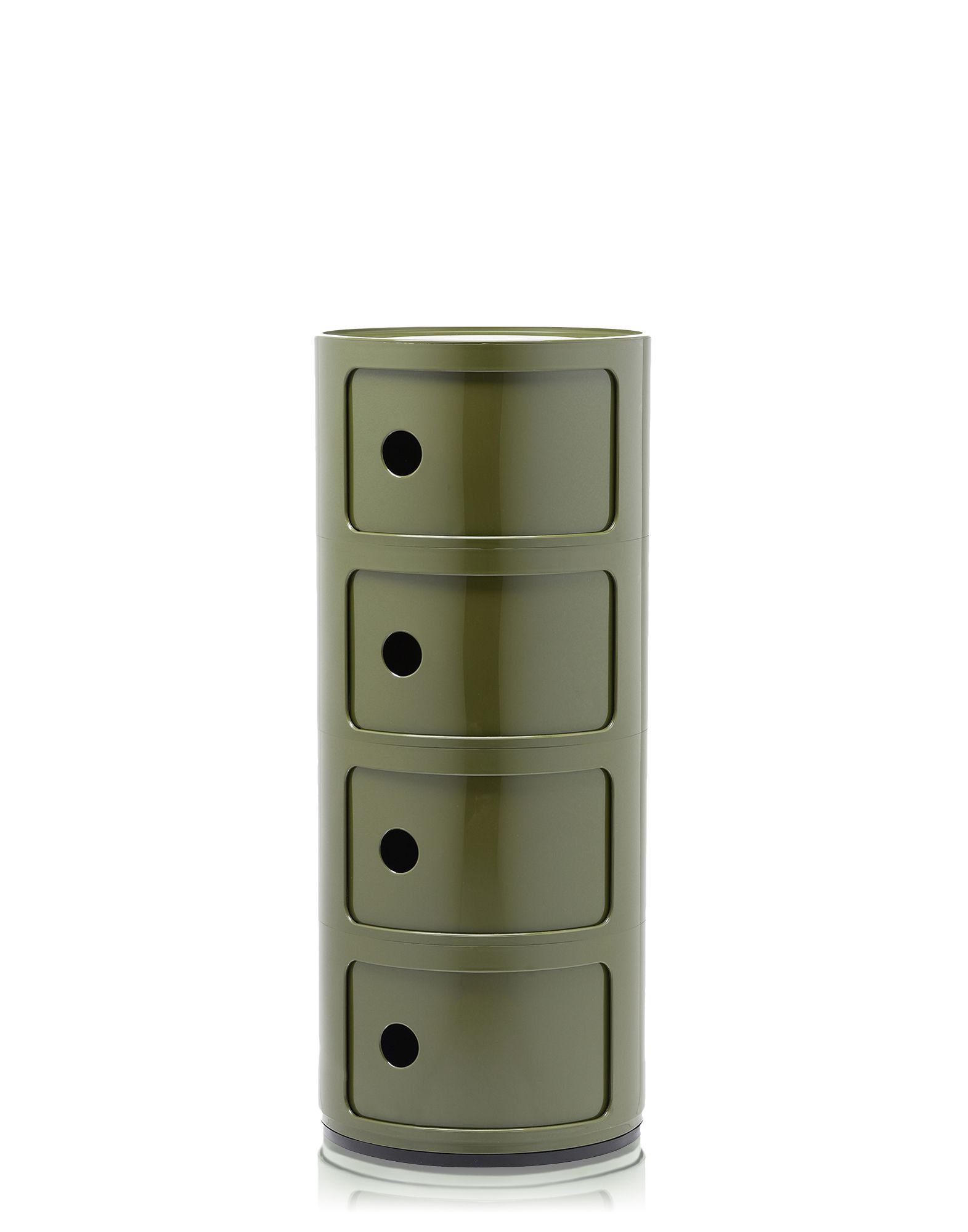 Grüner Kartell Componibili mit vier Elementen. Modularer Kunststoff Schrank mit runden Fächern.