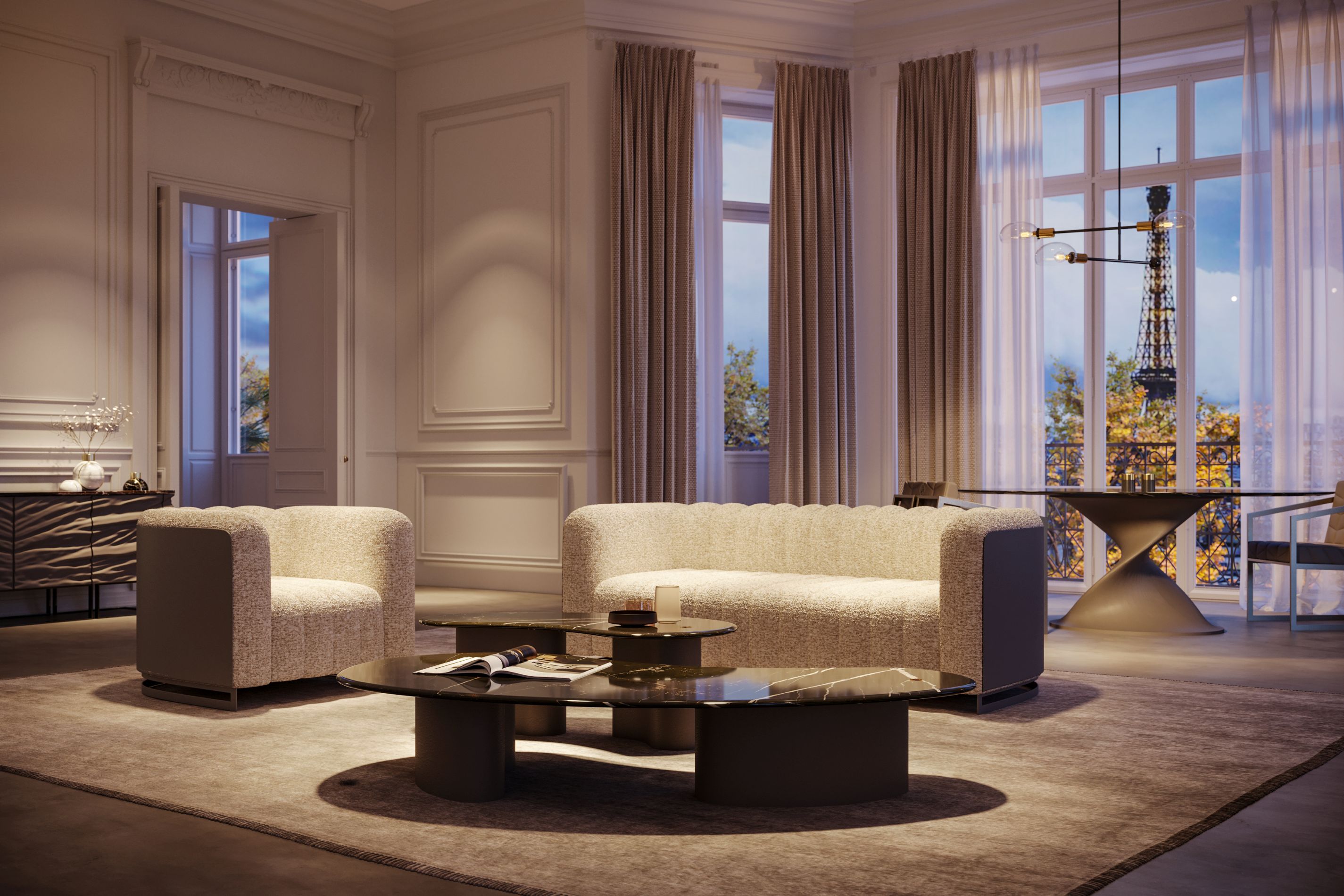 Pam Petit Set Couch and Side Table Daino Marble and Cream Leather Mansi London