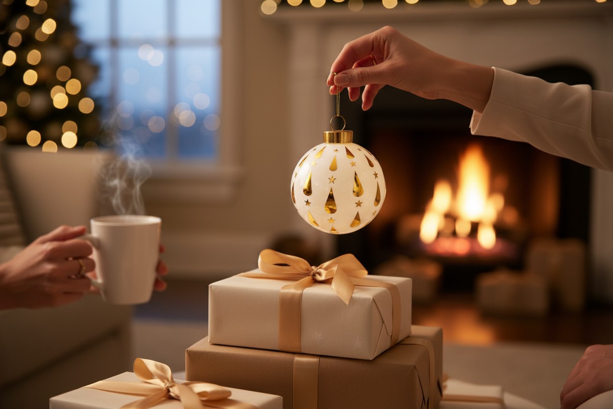Alessi Weihnachtskugel NZ04 SE25 über Geschenken, Kaminfeuer und Weihnachtsbaum im Hintergrund für festliche Stimmung.