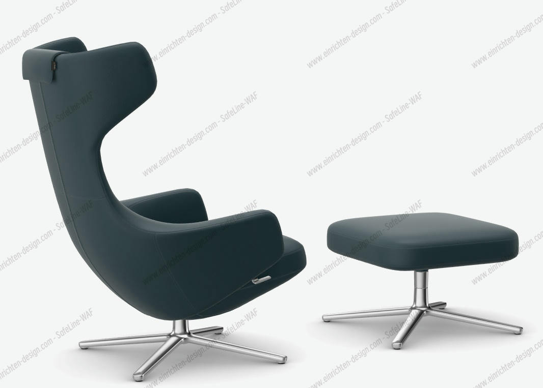 Grand Repos armchair + ottoman LOW / LEATHER PREMIUM WITH CONTRAST SEAM SMOKE BLUE Vitra SINGLE PIECES