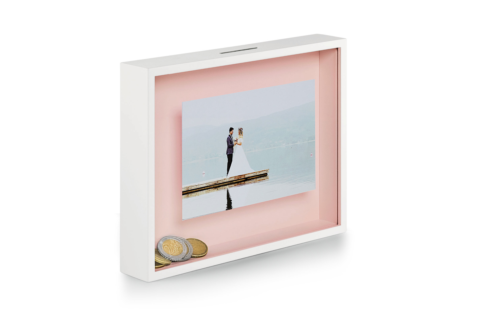 Philippi Bank Spardose: Weiße Spardose mit Foto und Geldeinwurf, ideal als Geschenkidee und Dekoration.