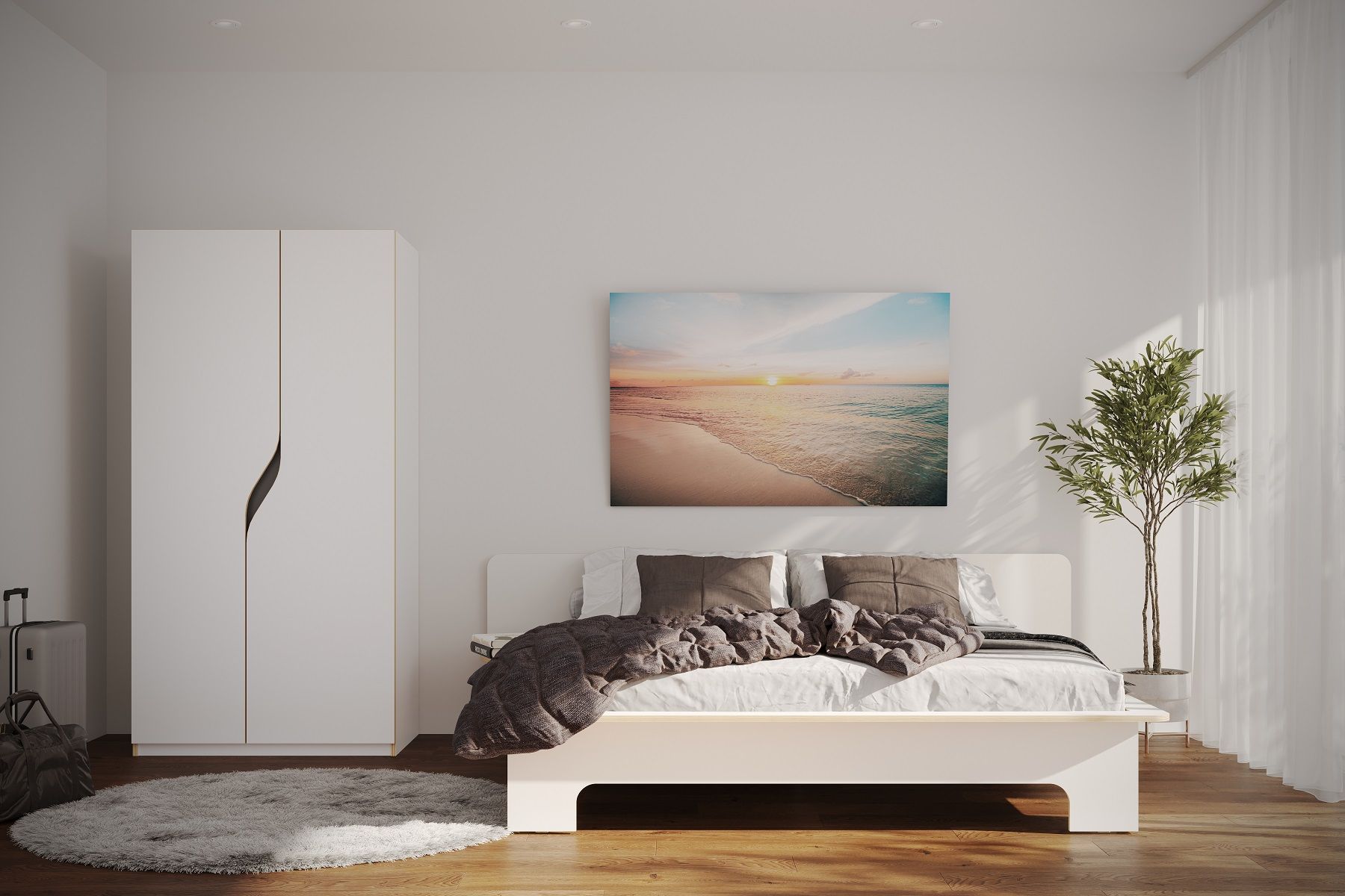 Schlafzimmer mit Plane Doppelbett von Müller Möbelwerkstätten, weißem Kleiderschrank und Meerbild für modernes Wohnen.