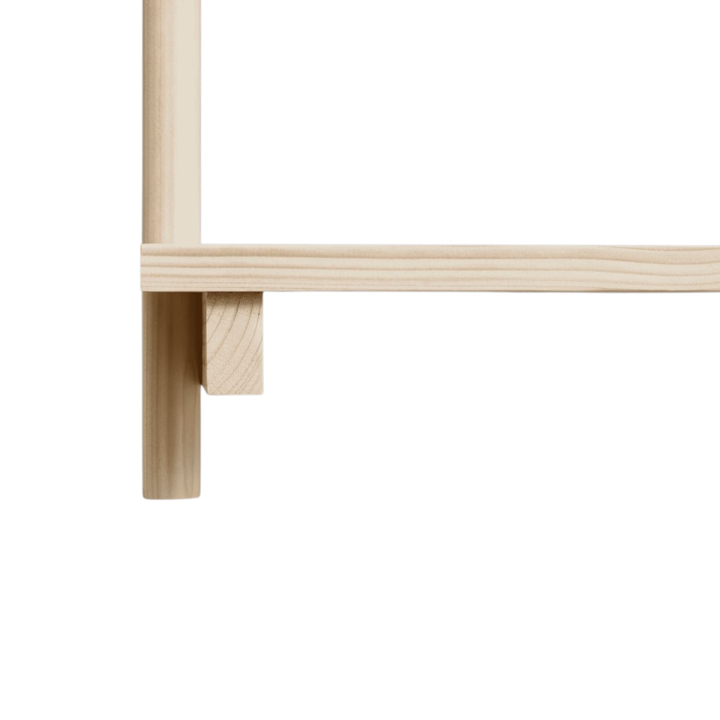 Detailaufnahme vom Form & Refine Beam Regal: Holzstruktur und Eckverbindung des Büroregals.