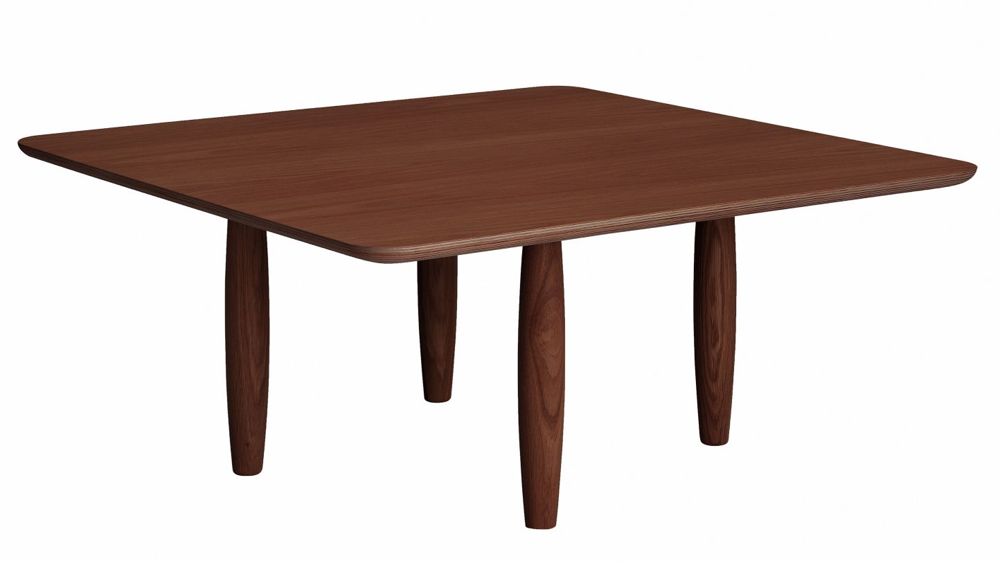 Oku Couchtisch aus geräucherter Eiche von Norr11, quadratisch, mit abgerundeten Ecken und Holzbeinen.