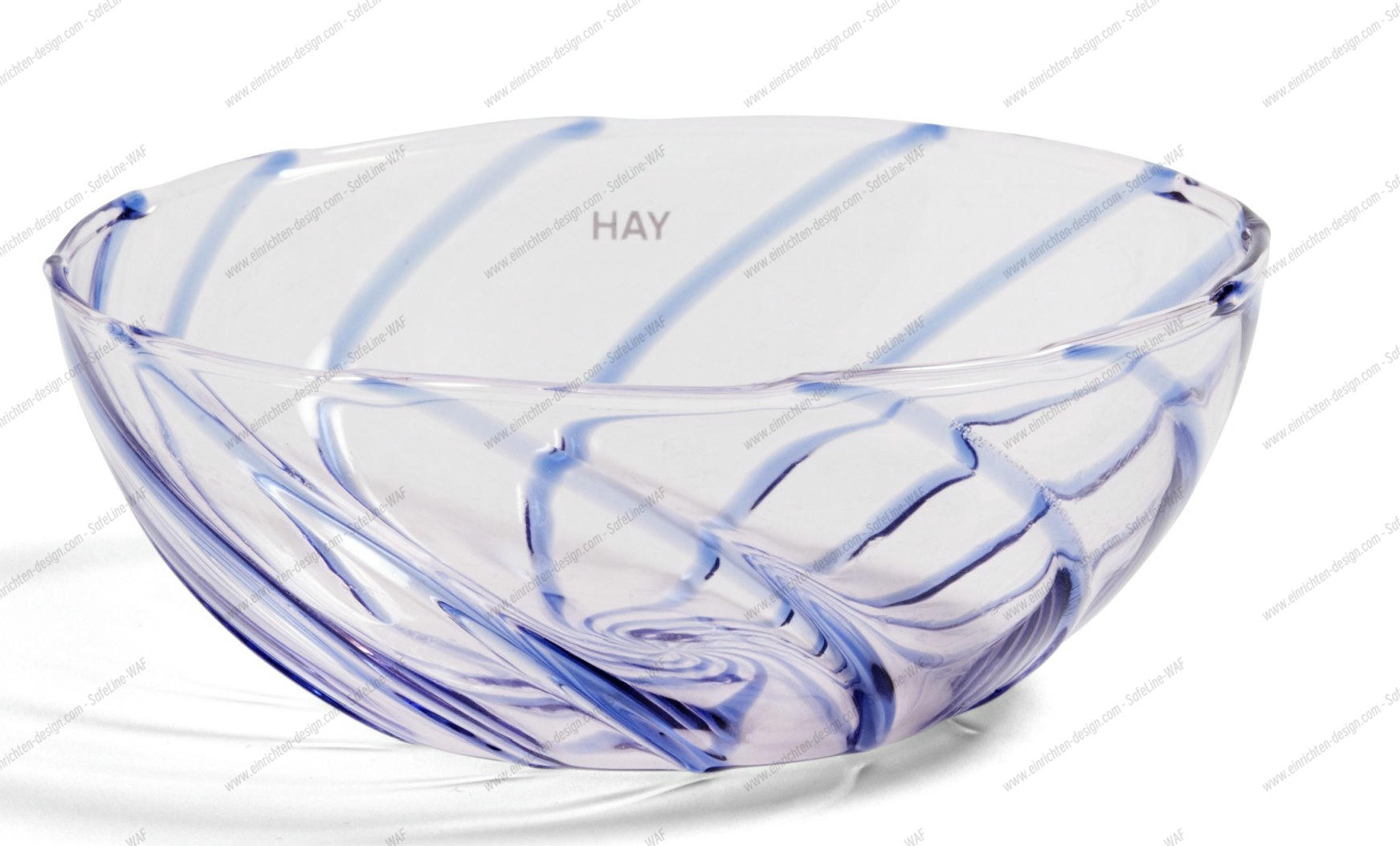 HAY Spin Bowl Schüssel, hellrosa Glas mit blauen Streifen, dekorative Glasschale für Obst oder Salate.