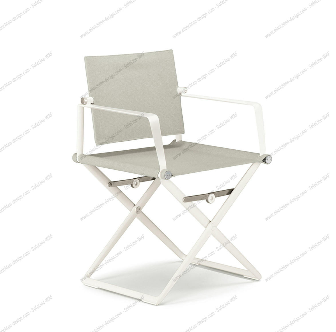 SeaX Armchair von Dedon: Moderner Armlehnstuhl mit weißem Gestell und grauem Textilbezug.