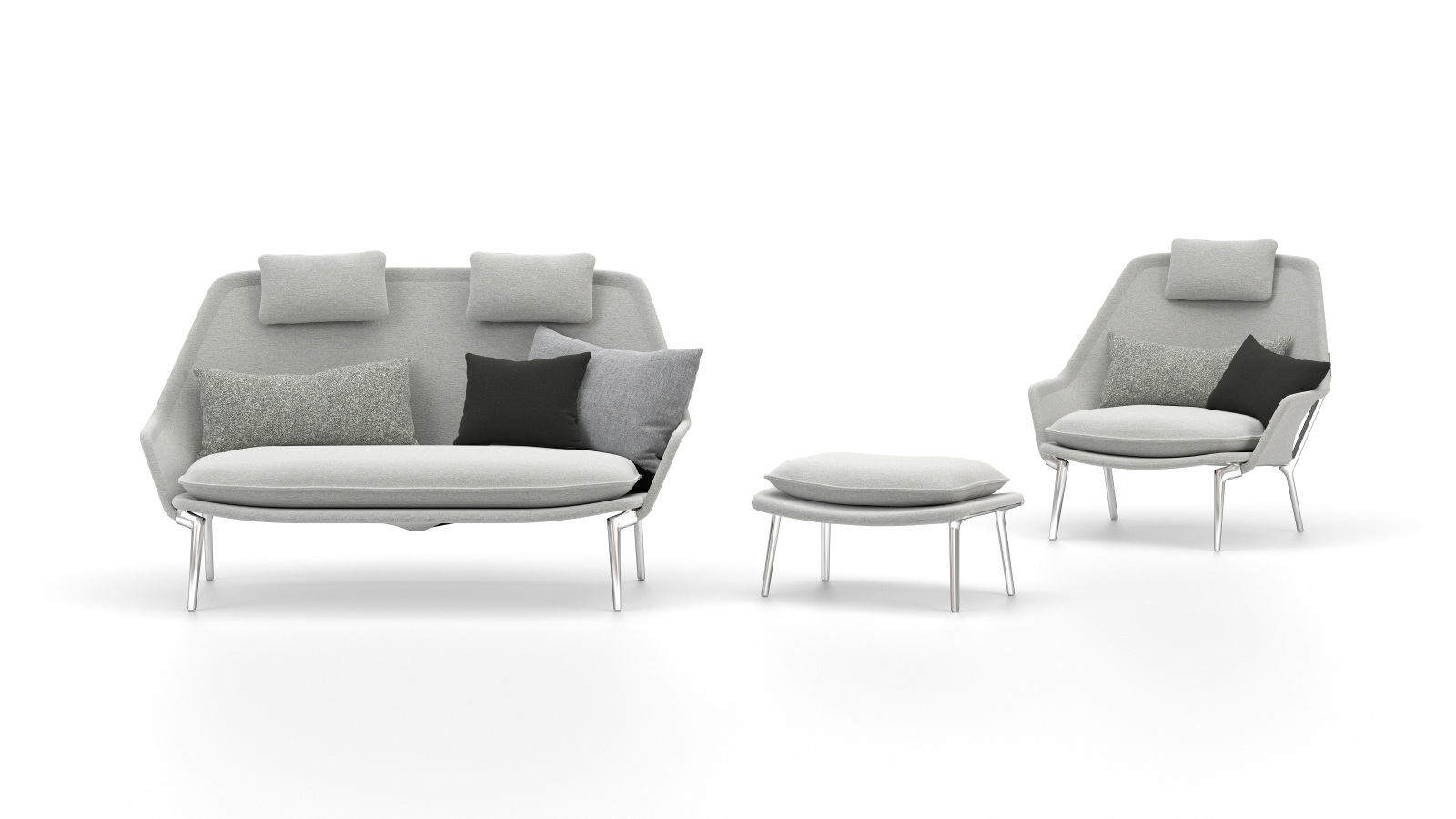 Vitra Slow Chair und Ottoman aus Stoff, hellgrau, mit Kissen, modernes Wohnzimmer-Möbelset.