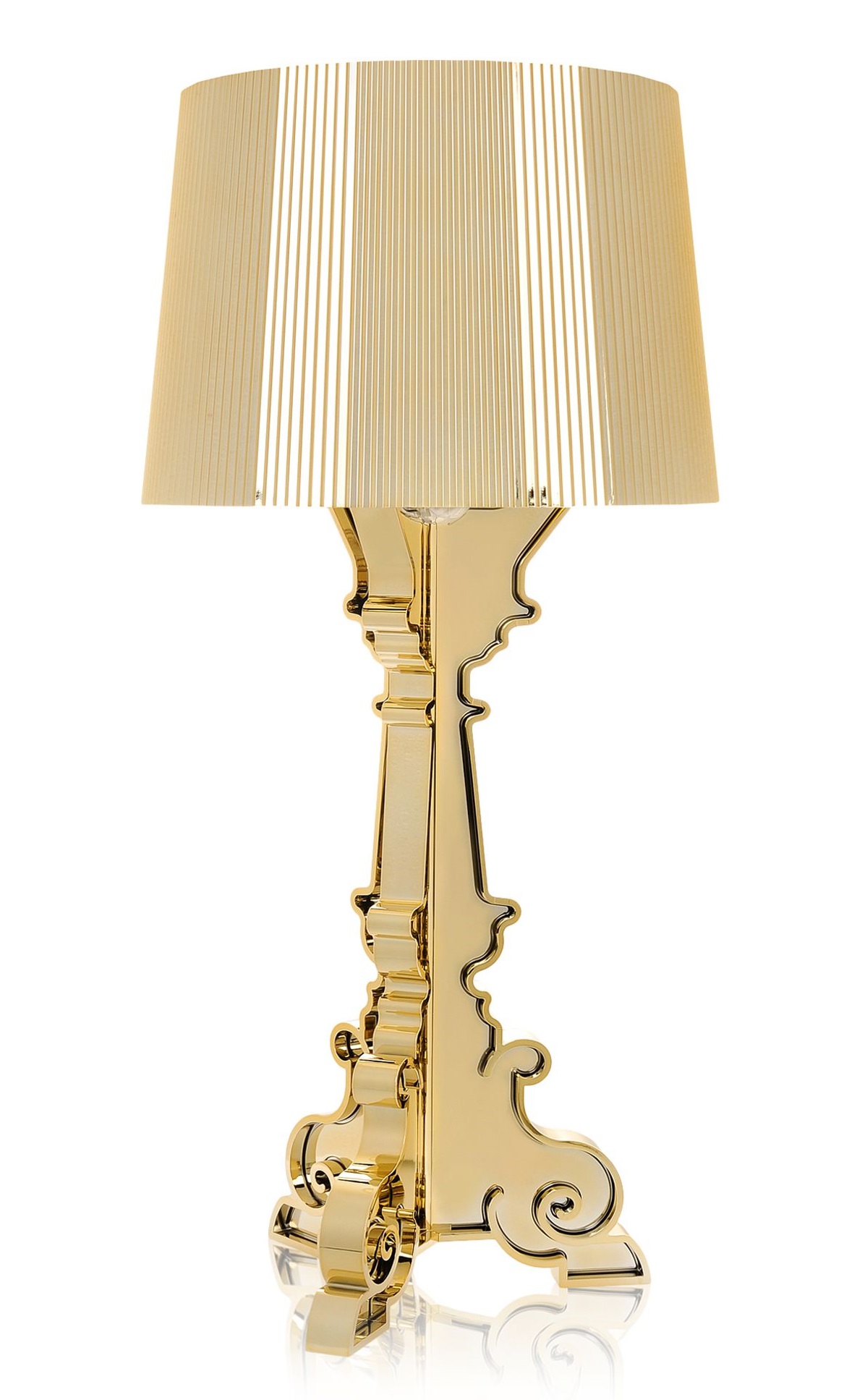 Nahaufnahme der goldenen Bourgie Tischleuchte von Kartell mit plissiertem Lampenschirm und dekorativem Sockel.