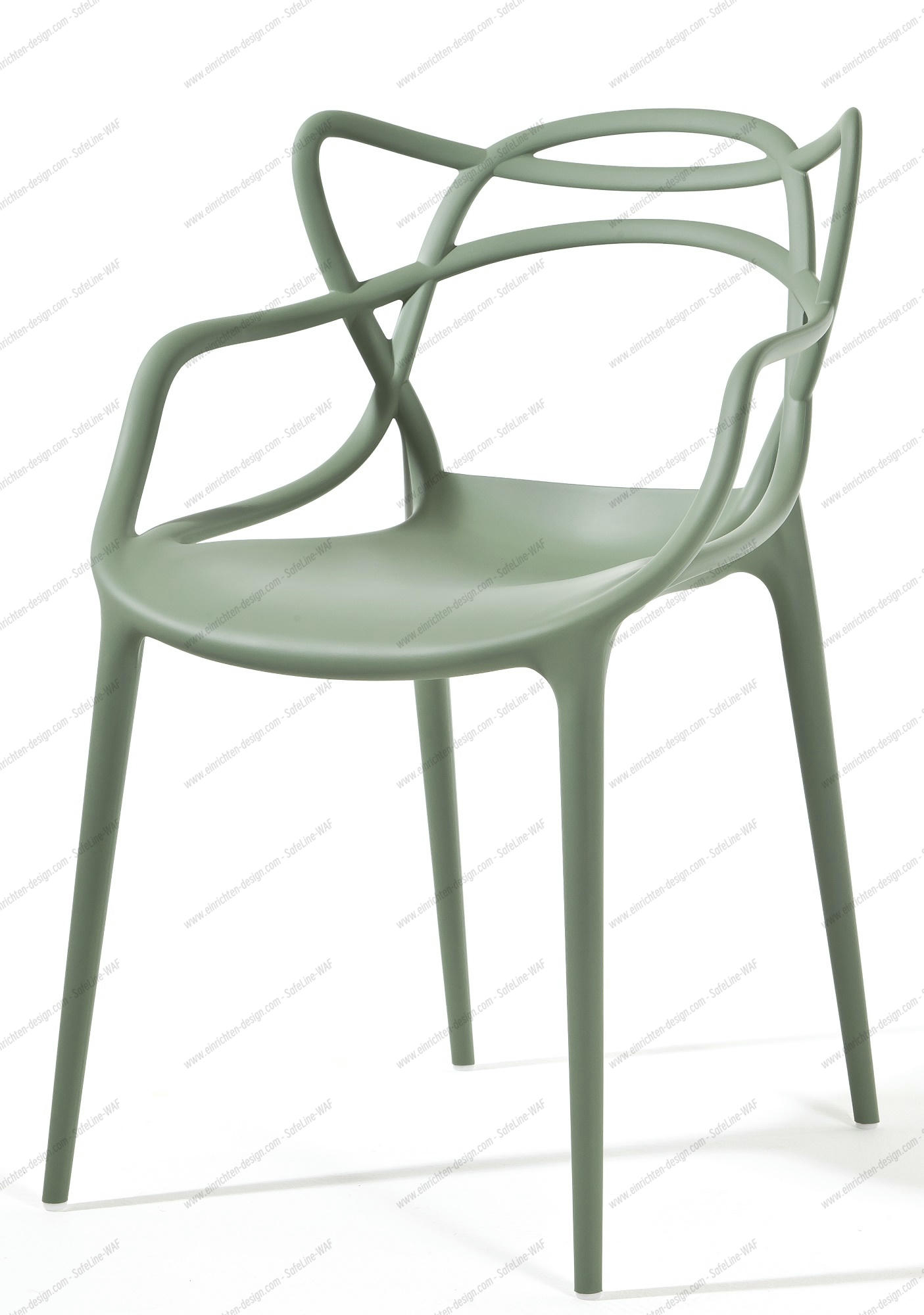 Salbeigrüner Masters Stuhl von Kartell mit Armlehnen und filigraner Rückenlehne, moderner Designstuhl.