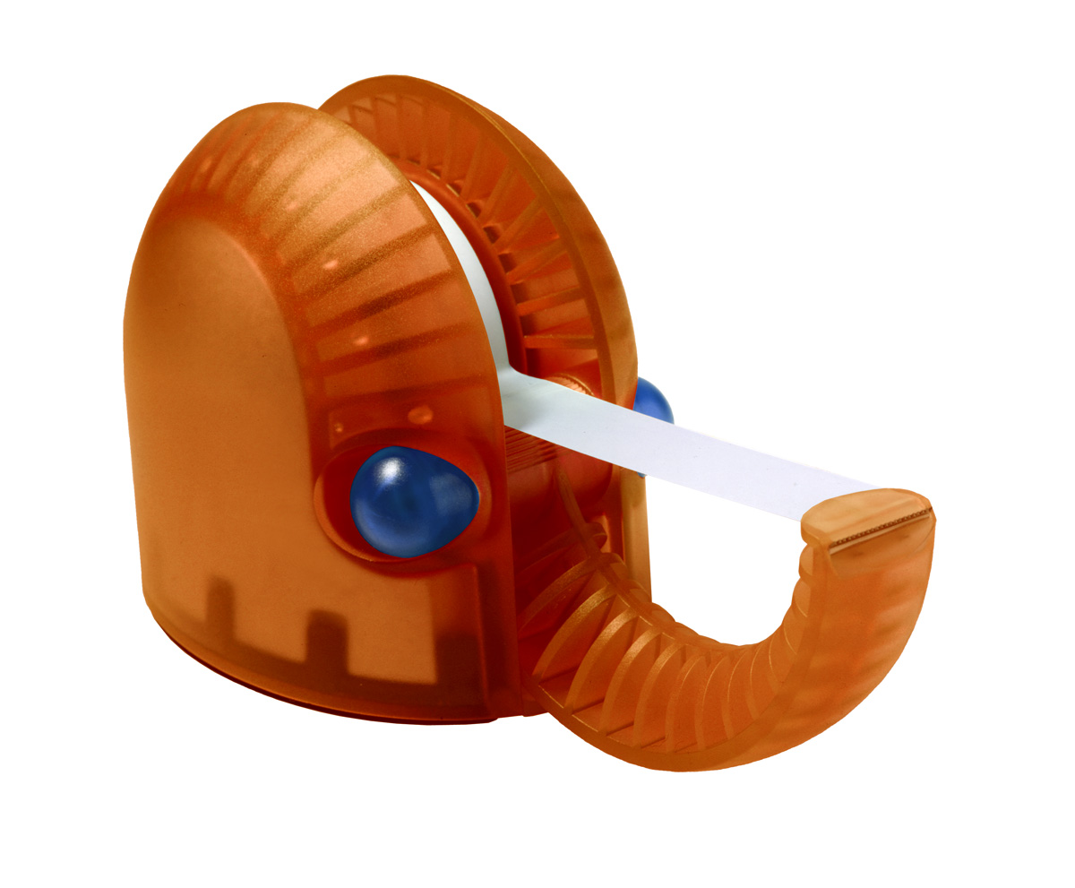 Oranger Hannibal Klebefilmabroller von Rexite mit blauem Akzent und Klebeband, modernes Büroaccessoire für den Schreibtisch.