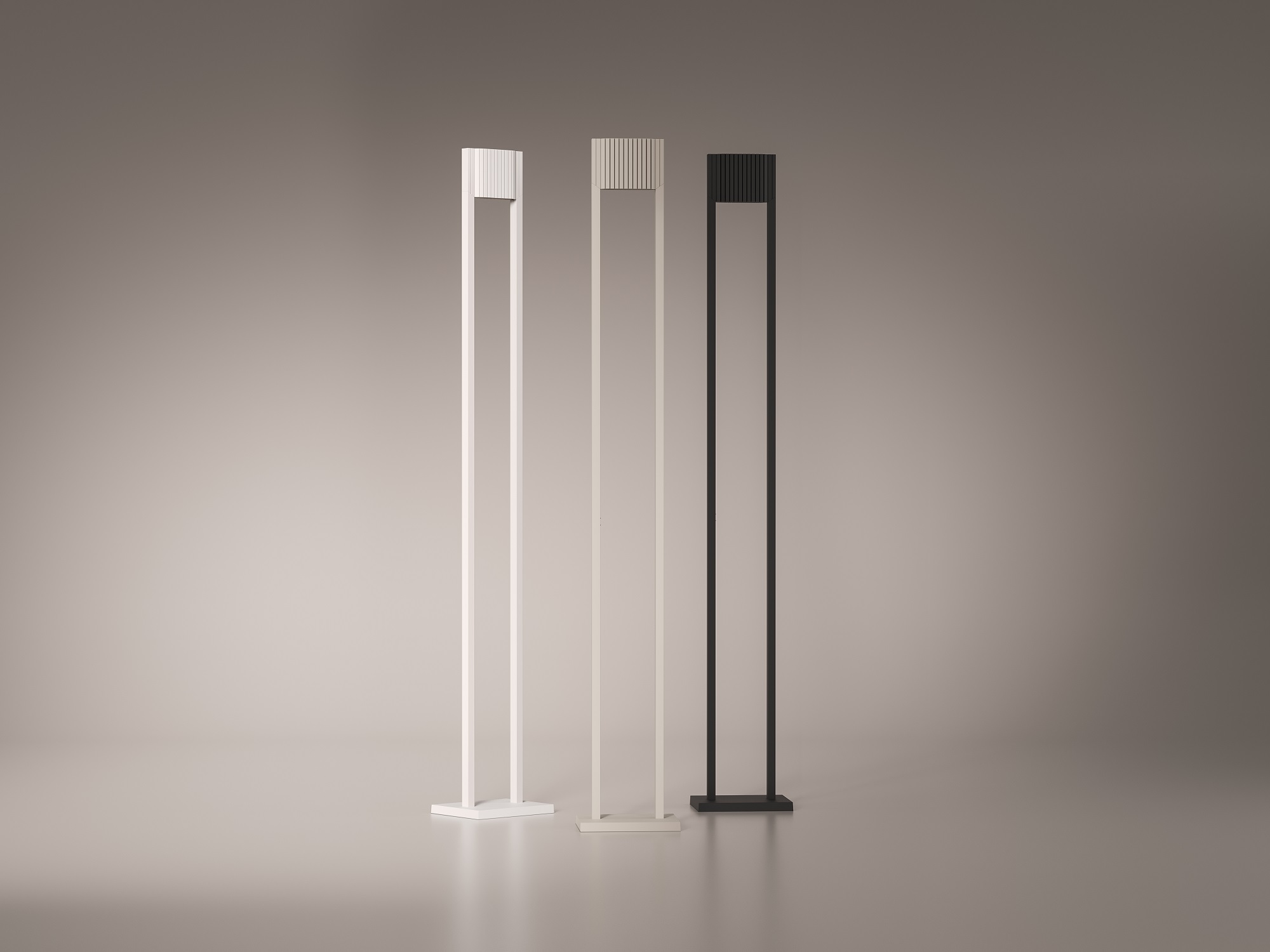 Drei Unic LED Stehleuchten in Weiß, Beige und Schwarz vor neutralem Hintergrund.