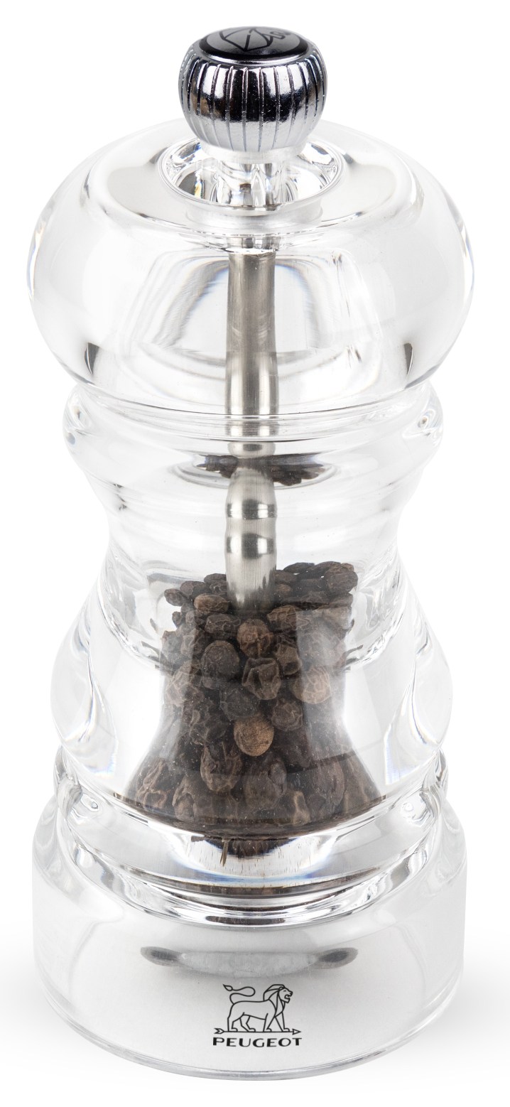 Nancy Pfeffermühle H 12 cm Acryl Peugeot, transparente Mühle gefüllt mit Pfefferkörnern, ideal für Küche und Tisch.