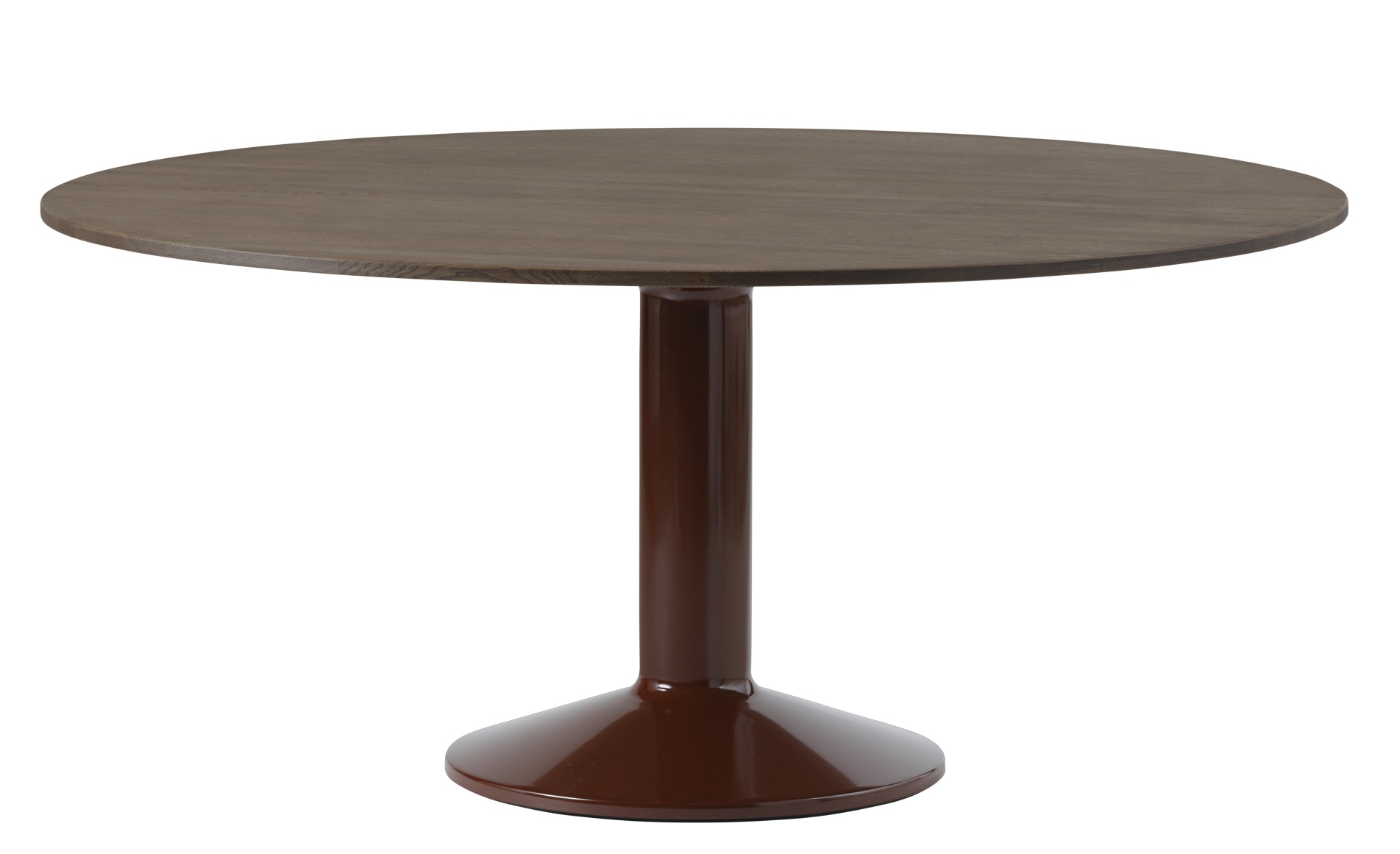 Muuto MIDST Table Esstisch mit runder, brauner Holzplatte und braunem, trompetenförmigem Fuß für Esszimmer.