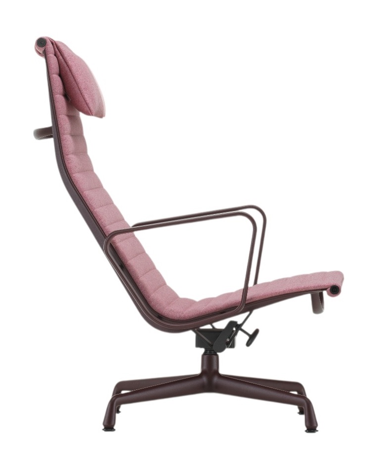 Vitra Aluminium Chair EA 124 Sessel in Rosa, seitliche Ansicht, Designklassiker mit Armlehnen und Kopfstütze.
