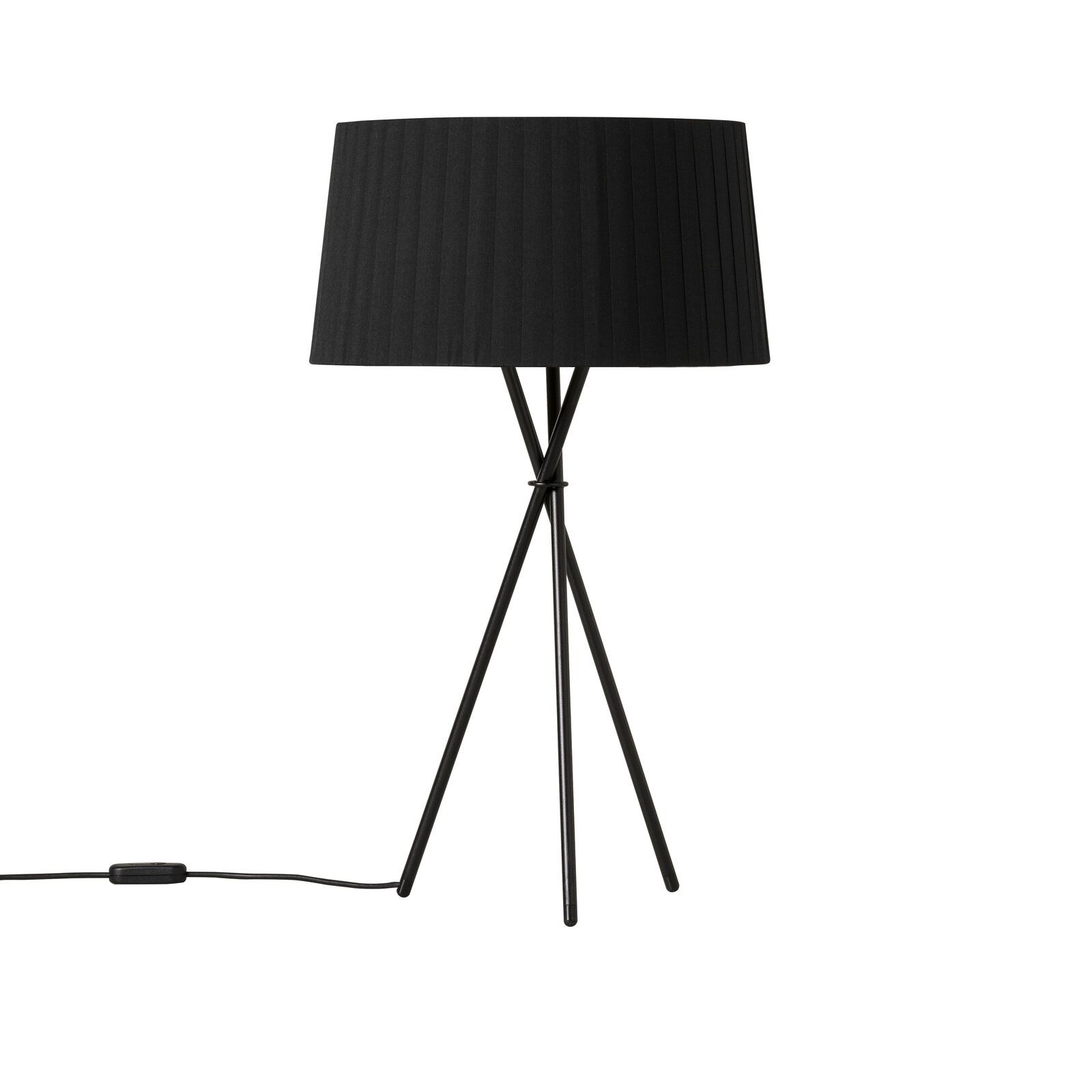Tripode G6 Tischleuchte Schwarz von Santa & Cole, moderne Lampe mit schwarzem Stoffschirm und Stativfuß.