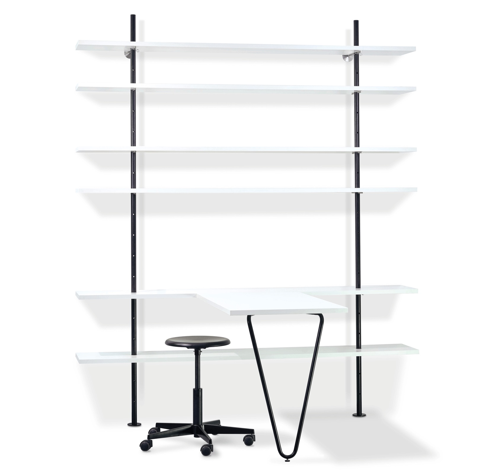 Table for Eiermann shelf Richard Lampert Regaltisch für Eiermann Regal von Richard Lampert, weiße Melaminplatte, schwarzes Gestell und Bürohocker.