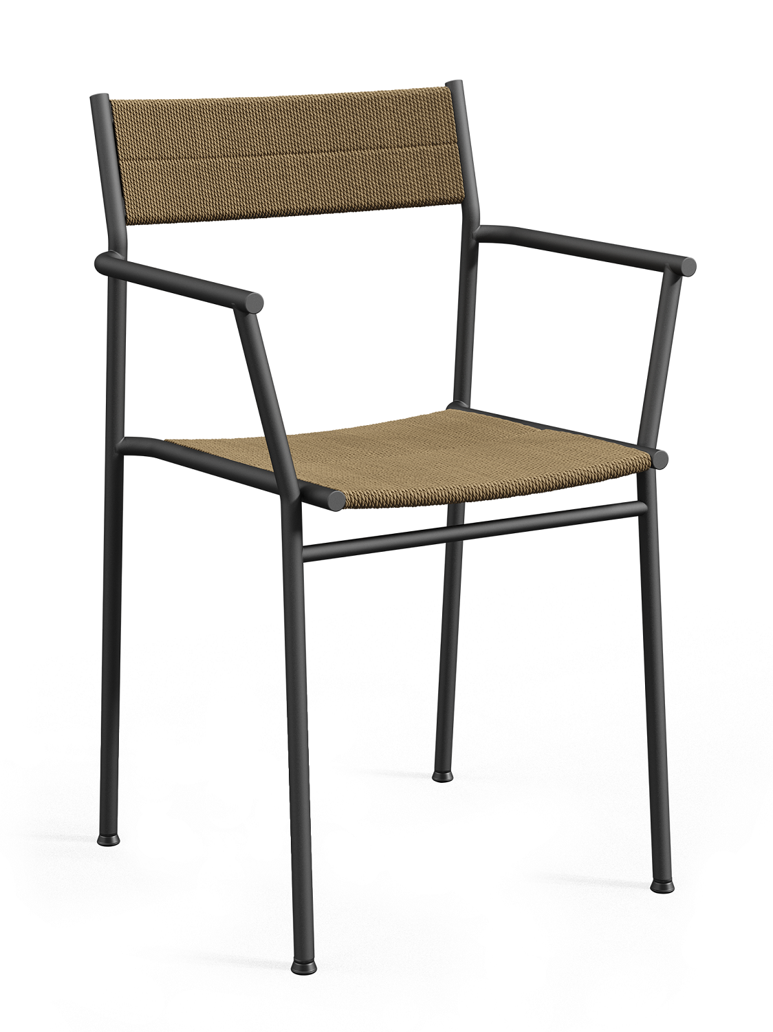 Vev Dining Chair: Moderner Armlehnstuhl mit schwarzem Metallgestell und geflochtener Sitzfläche in Braun.