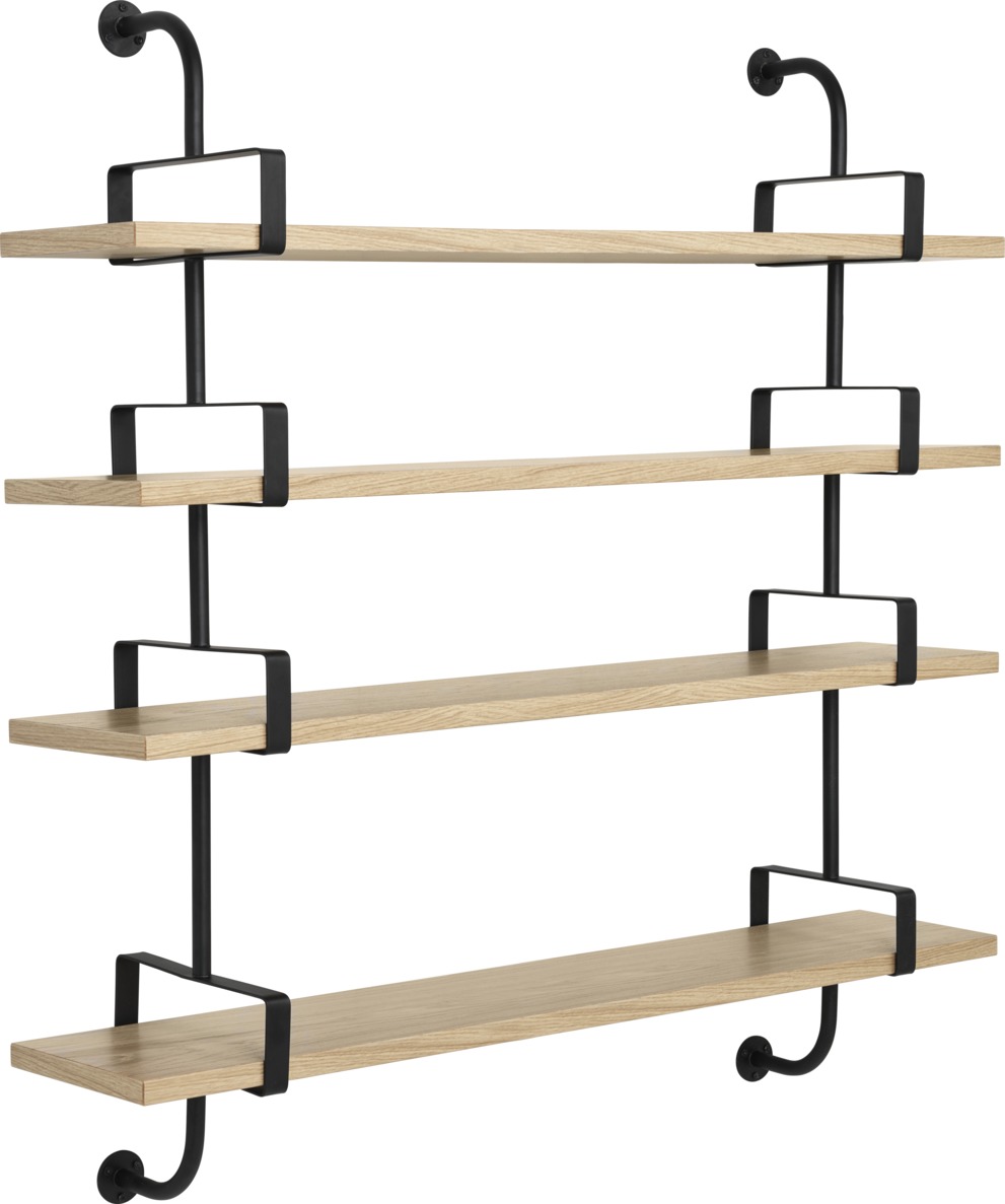 Démon Shelf Regal von Gubi: Wandregal mit vier hellen Holzablagen und schwarzer Metallhalterung.