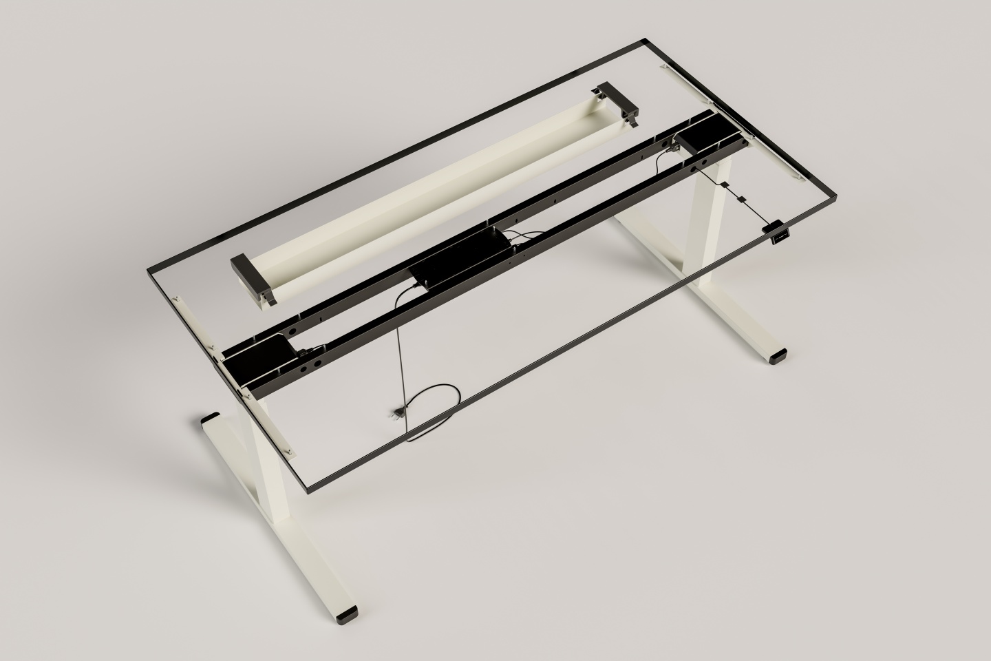 Detailaufnahme des Palmberg PiD Sitz-Stehtisch-Gestells in Weiß und Schwarz, höhenverstellbar für ergonomisches Arbeiten.