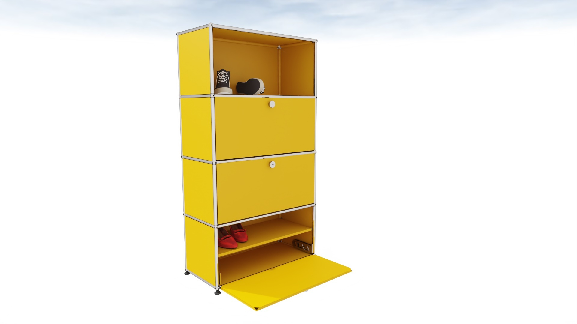 Gelber USM Haller Schuhschrank mit Klappen, modulare Aufbewahrung für Schuhe und Accessoires im Flur.