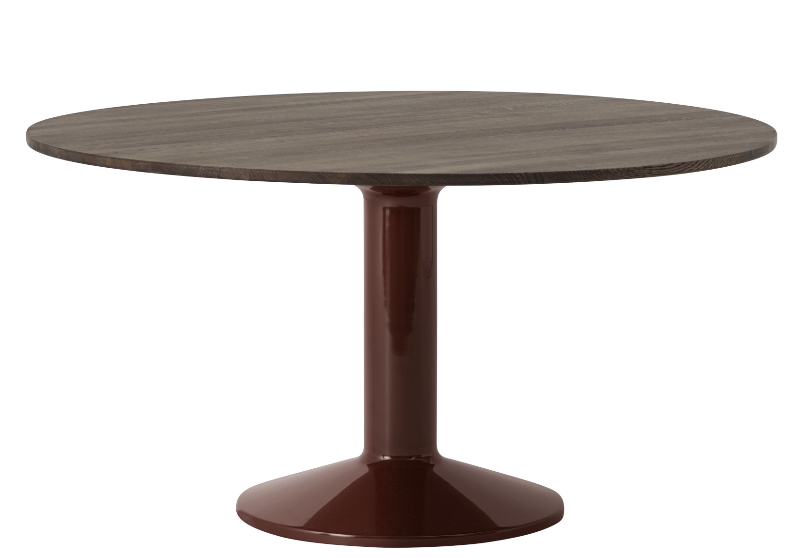 MIDST Table Esstisch von Muuto: Runder Esstisch mit dunkler Holzplatte und braunem, trompetenförmigem Fuß.