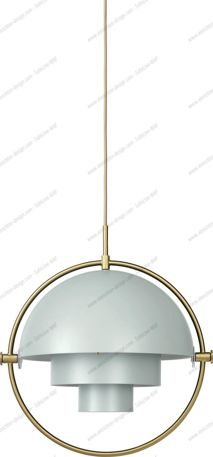 Gubi Multi-Lite Pendelleuchte in See Grau und Messing, moderne Hängelampe für Wohnraumbeleuchtung.