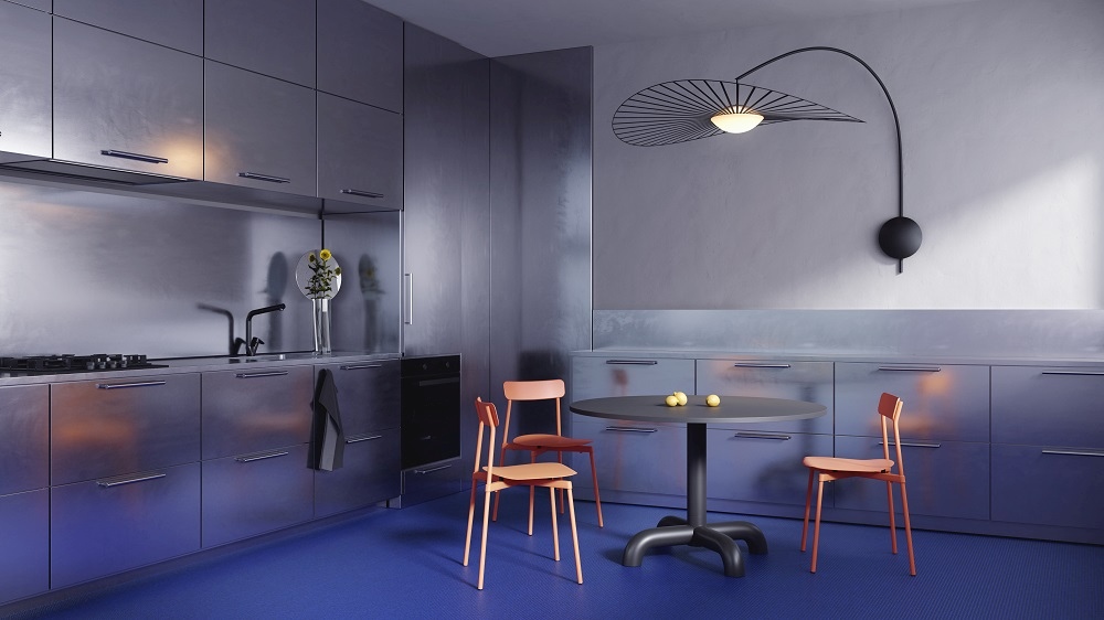 Moderne Küche mit Vertigo Nova Wandleuchte von Petite Friture in Schwarz/Weiß, die über einem Esstisch angebracht ist.