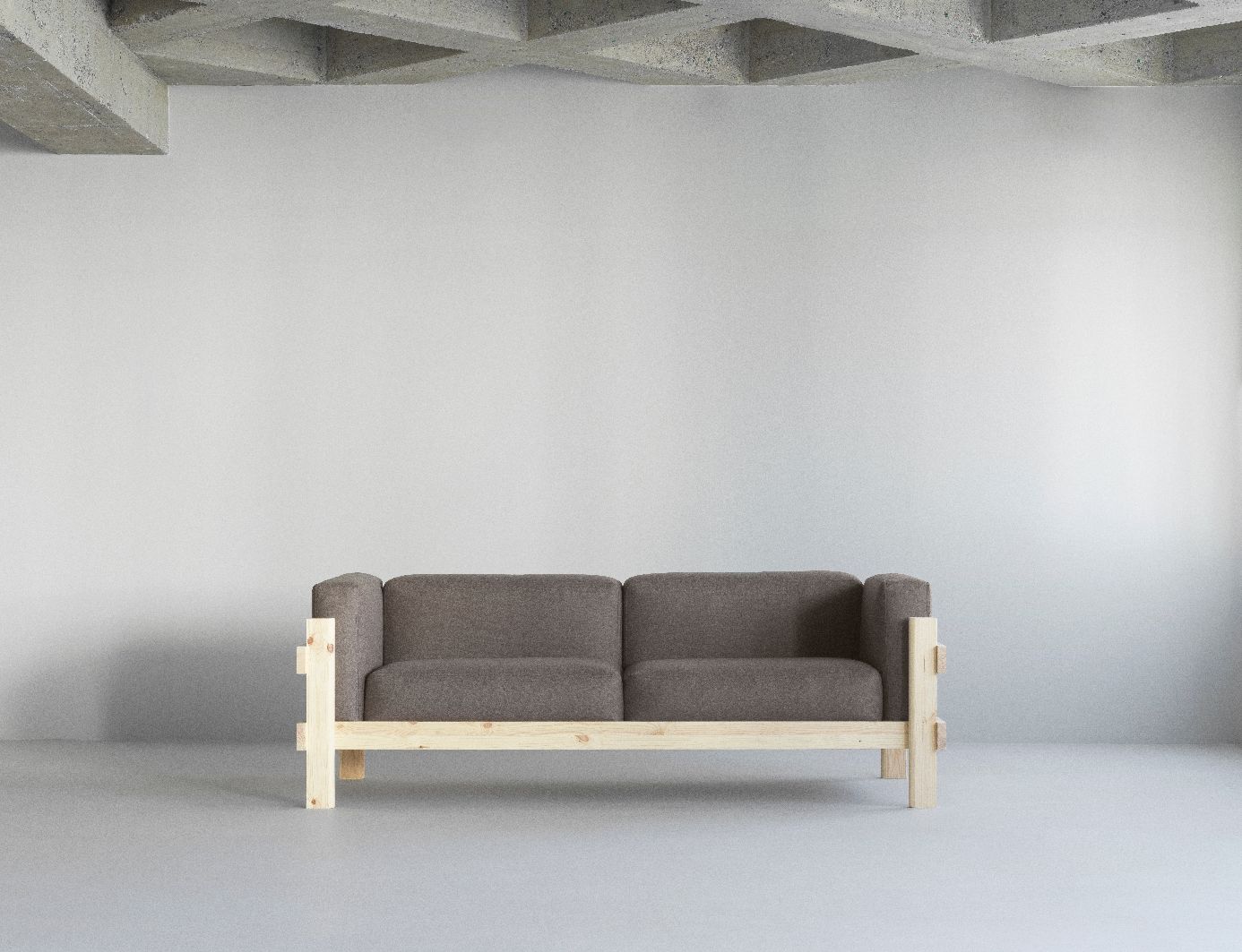 Kube Sofa von Normann Copenhagen, modernes graues Sofa mit hellem Holzrahmen im minimalistischen Stil.