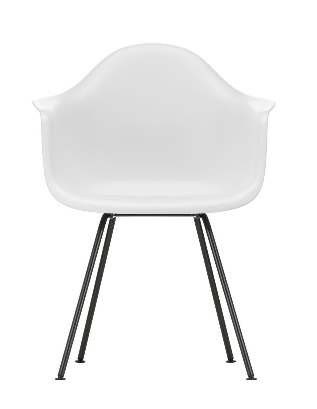 Weißer Eames Plastic Arm Chair DAX Stuhl von Vitra mit schwarzem Metallgestell, Frontansicht.