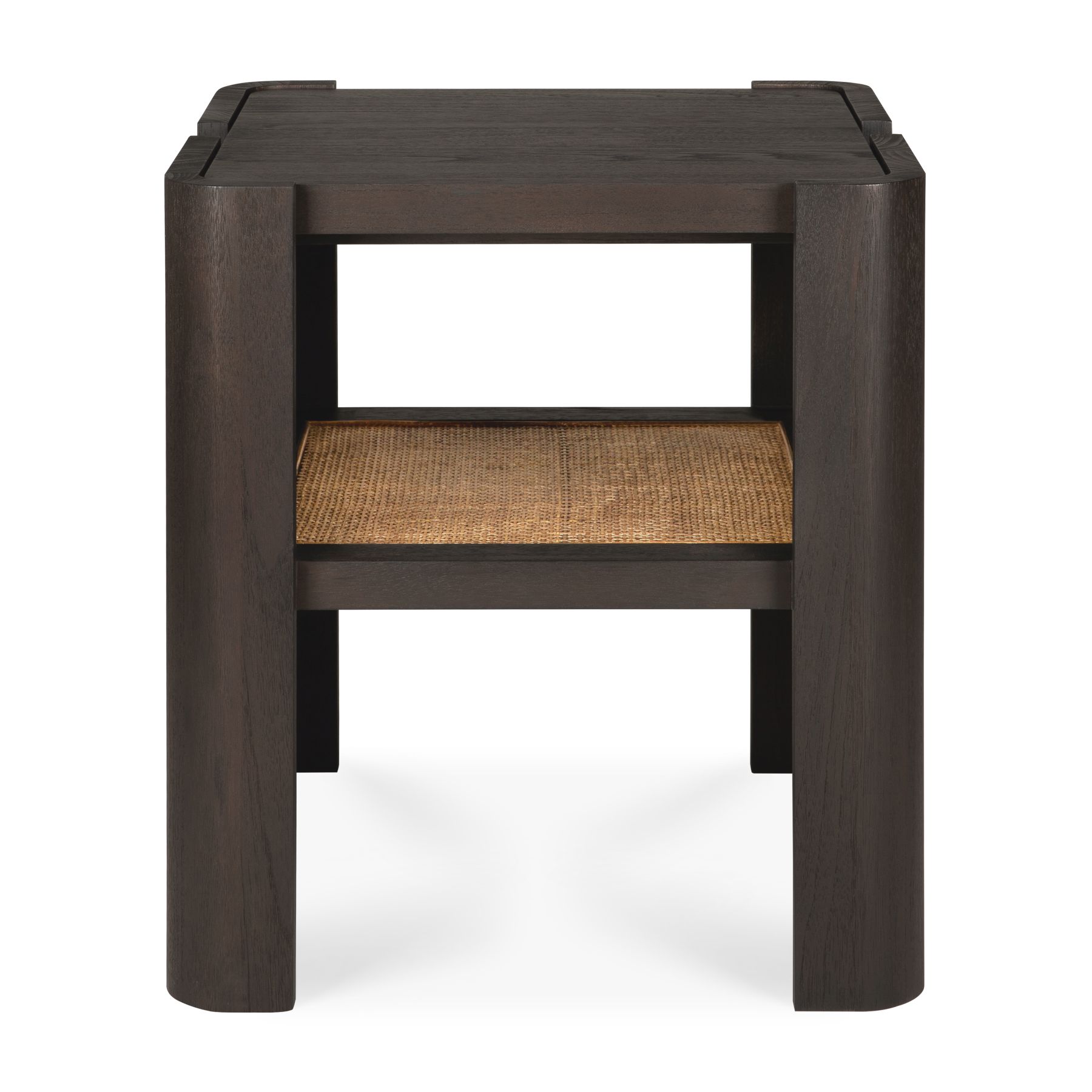 Ethnicraft Panel Beistelltisch aus dunklem Holz mit Rattan-Ablage, modernes Design für Wohnzimmer.