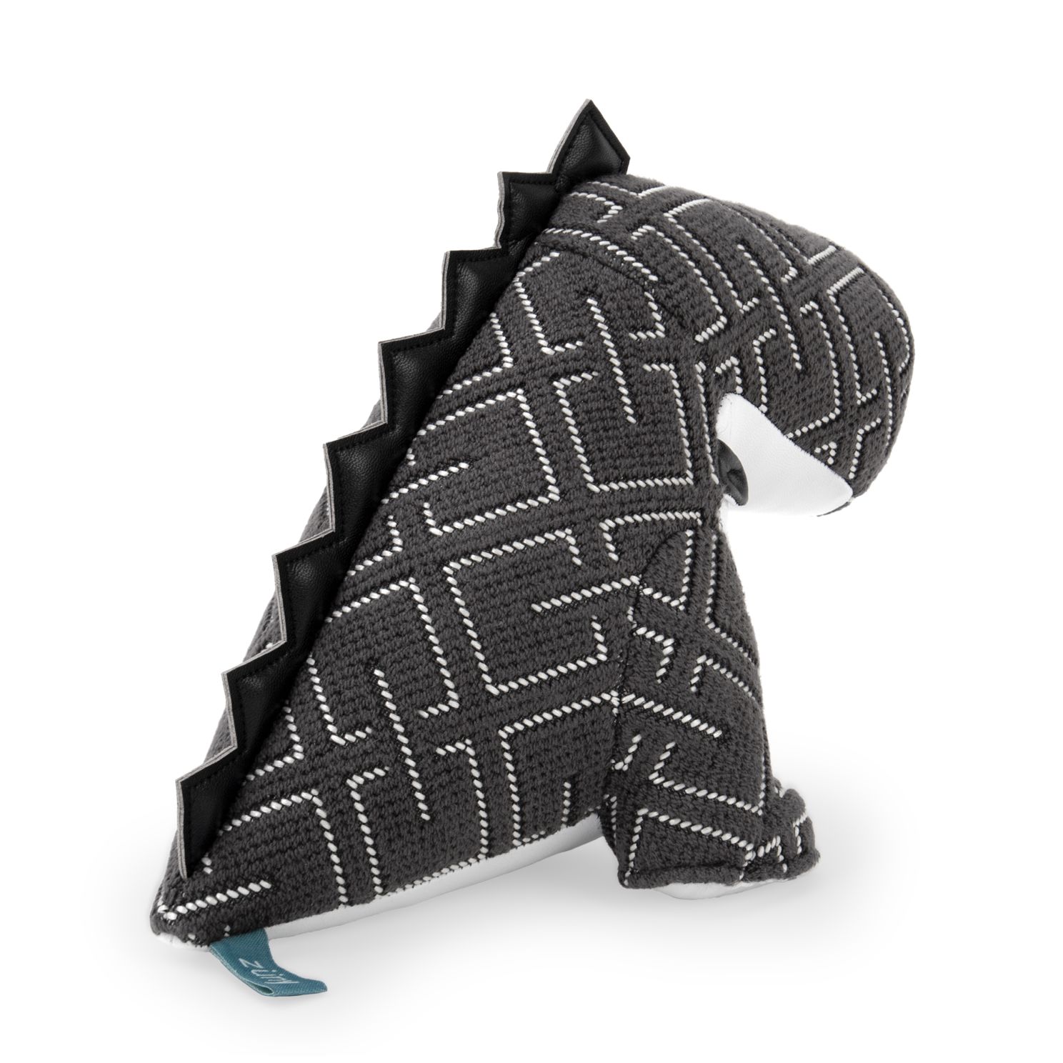 Dunkelgraue Dinosaurier Buchstütze Bobo Grid von Züny x KVADRAT mit geometrischem Muster und schwarzen Lederdetails.