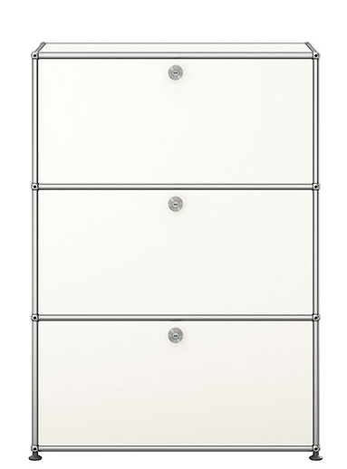 USM Haller Highboard QUICK SHIP in reinweiß mit drei abschließbaren Klappen und verchromtem Gestell.