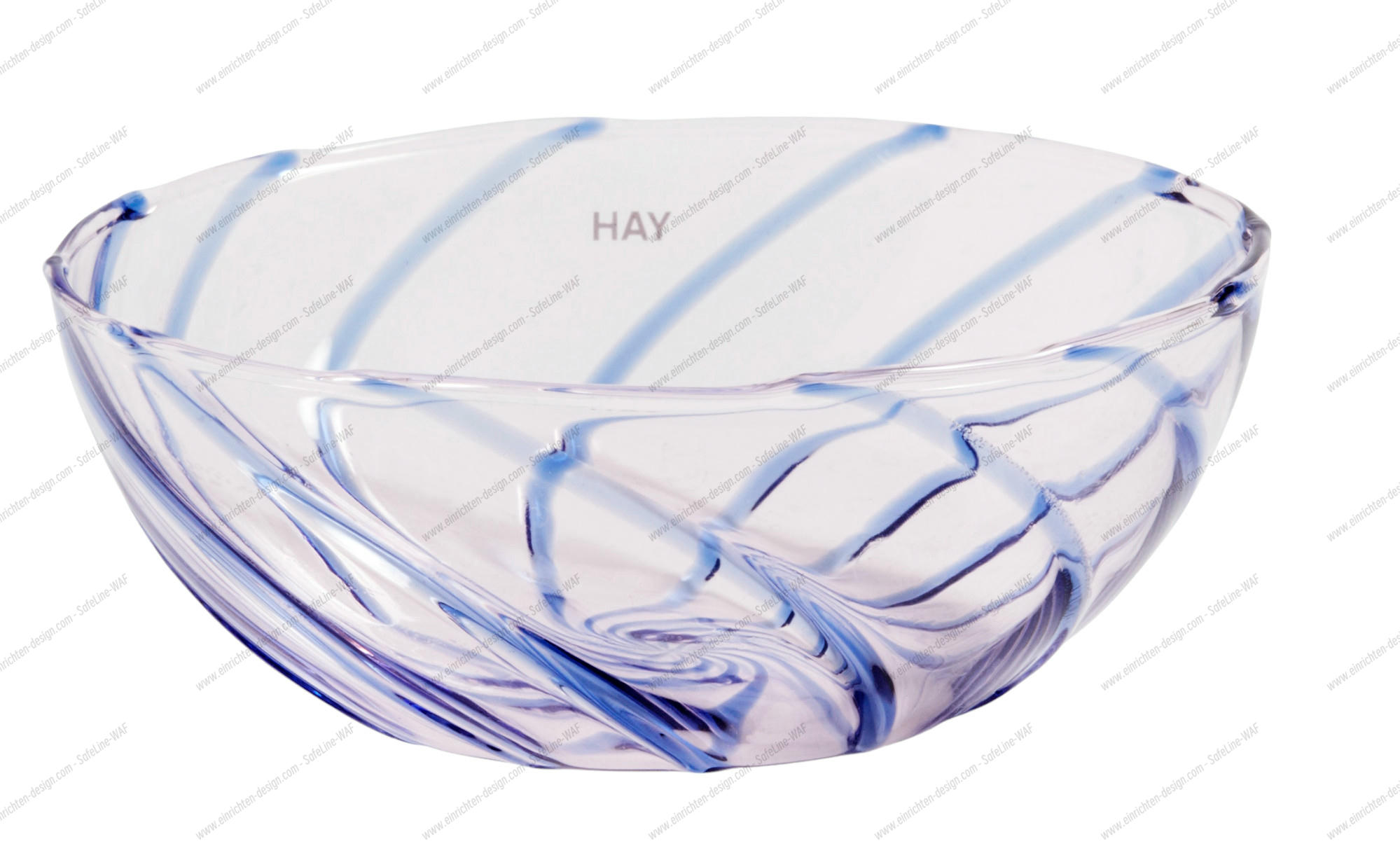 HAY Spin Bowl Schüssel, hellrosa Glas mit blauen Streifen, dekorative Salatschüssel oder Obstschale.