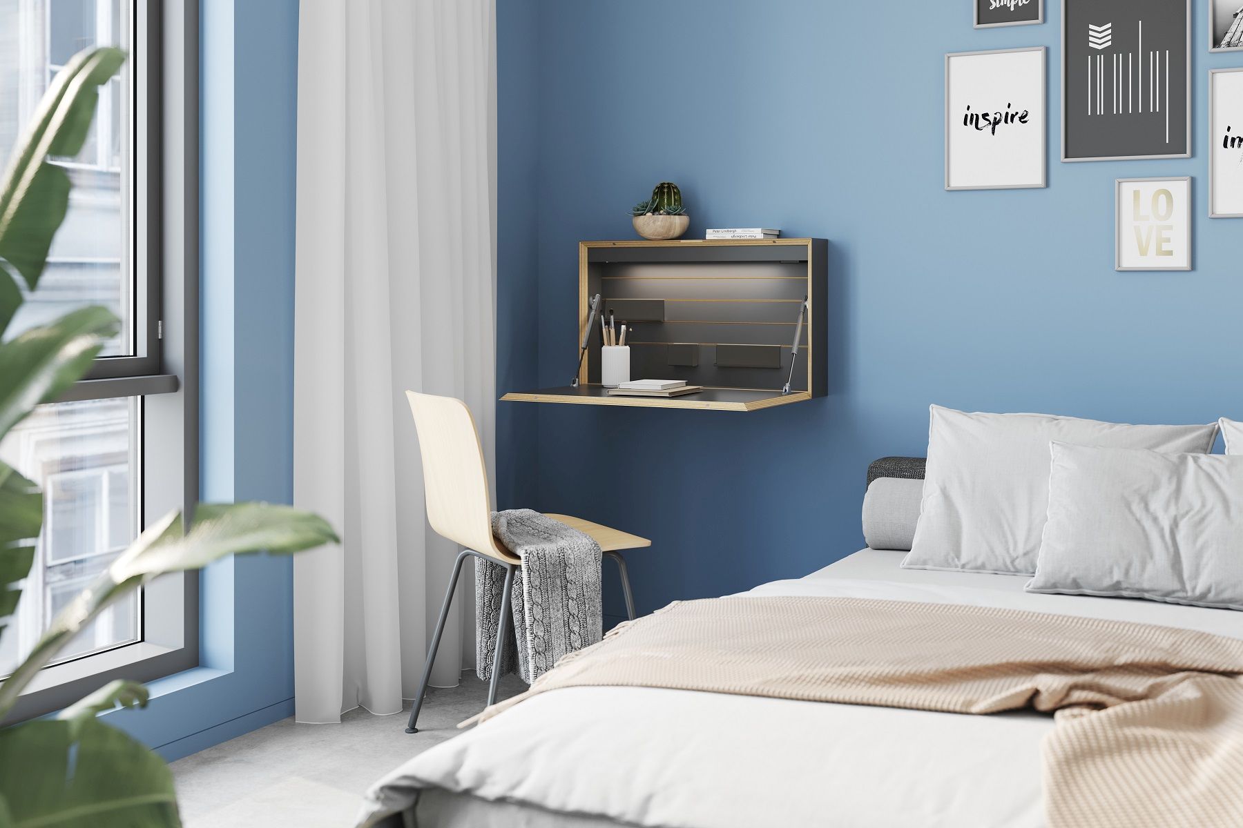 Flatbox Sekretär von Müller Möbelwerkstätten im Schlafzimmer, platzsparender Wandsekretär mit Schreibfläche und Stauraum.