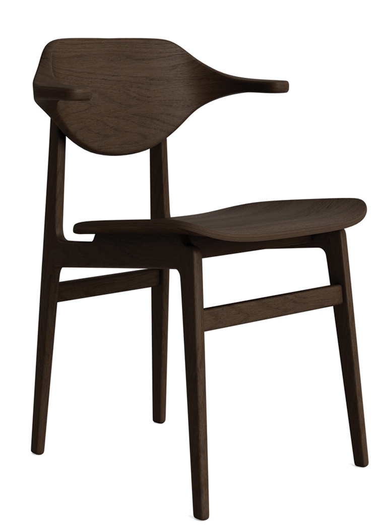 Bufala Dining Chair von NORR11, dunkler Holzstuhl mit Armlehne, skandinavisches Design für Esszimmer und Wohnbereich.