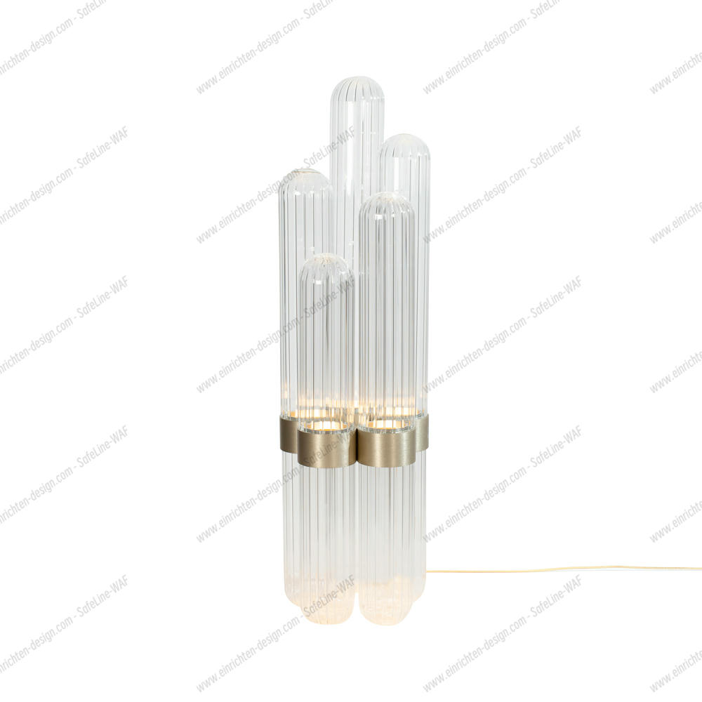 Cactus Stehleuchte mit transparenten Glasstäben und Messingdetails, moderne LED-Beleuchtung für Wohnräume.